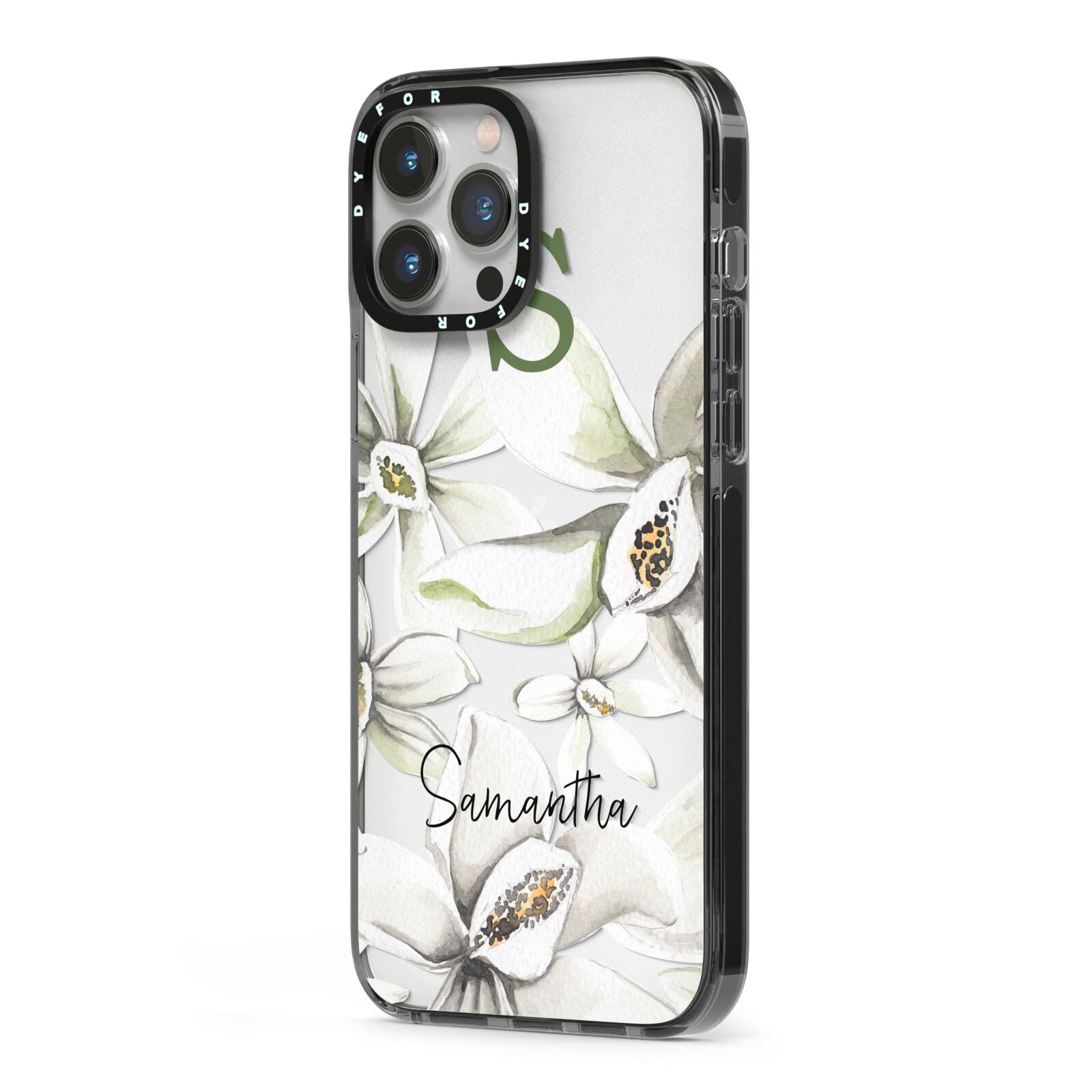 Personalised Orange Blossom iPhone 13 Pro Max Black Impact Case Side Angle on Silver phone