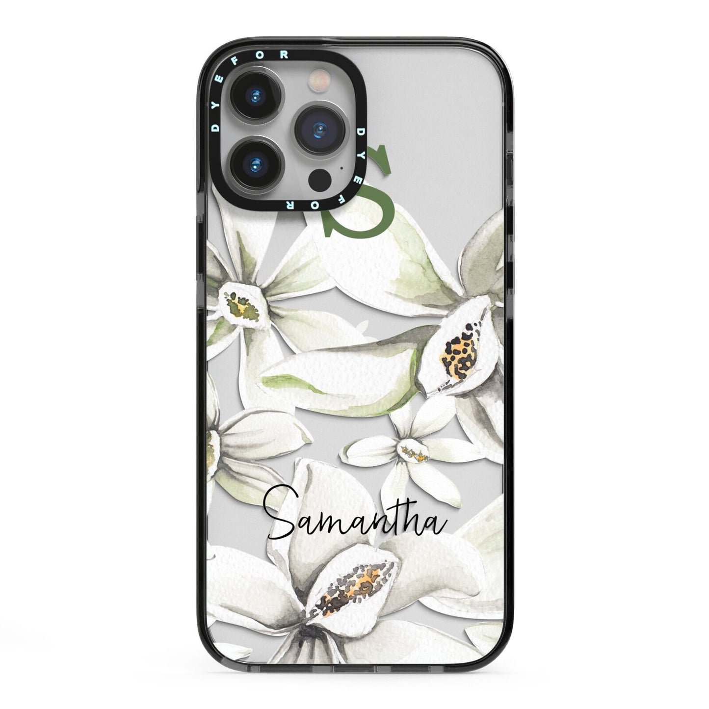 Personalised Orange Blossom iPhone 13 Pro Max Black Impact Case on Silver phone