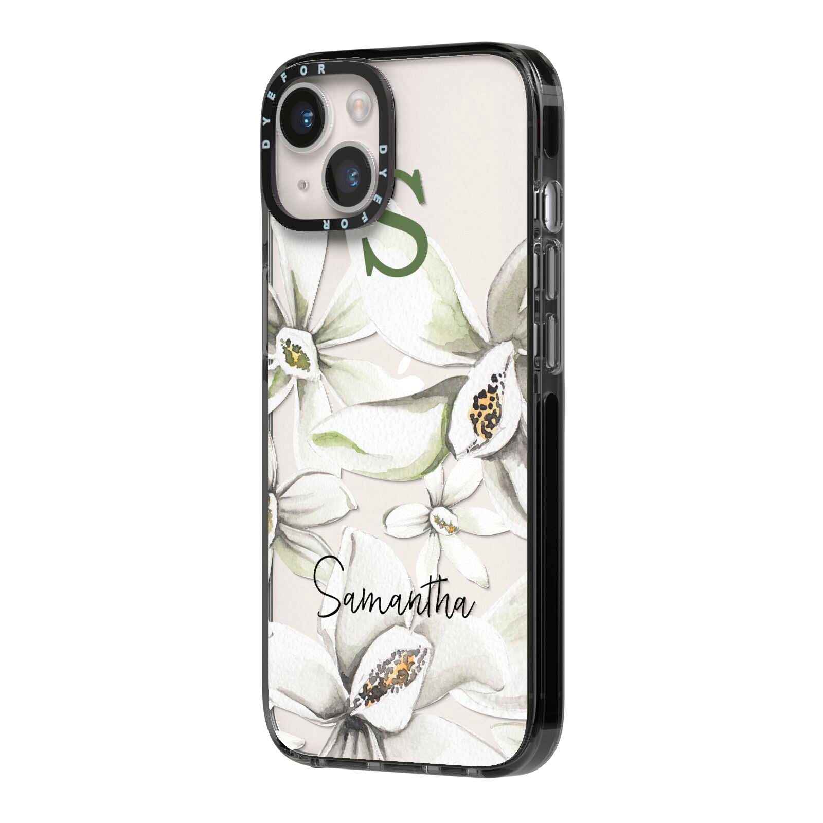 Personalised Orange Blossom iPhone 14 Black Impact Case Side Angle on Silver phone