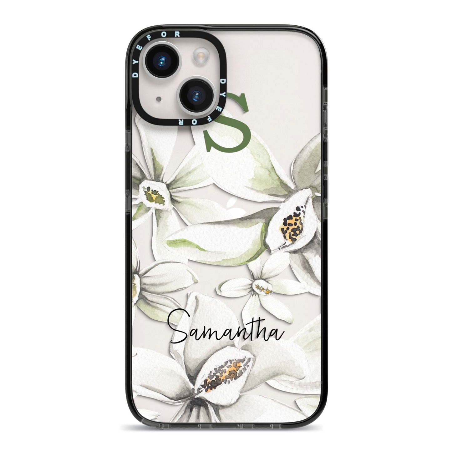 Personalised Orange Blossom iPhone 14 Black Impact Case on Silver phone