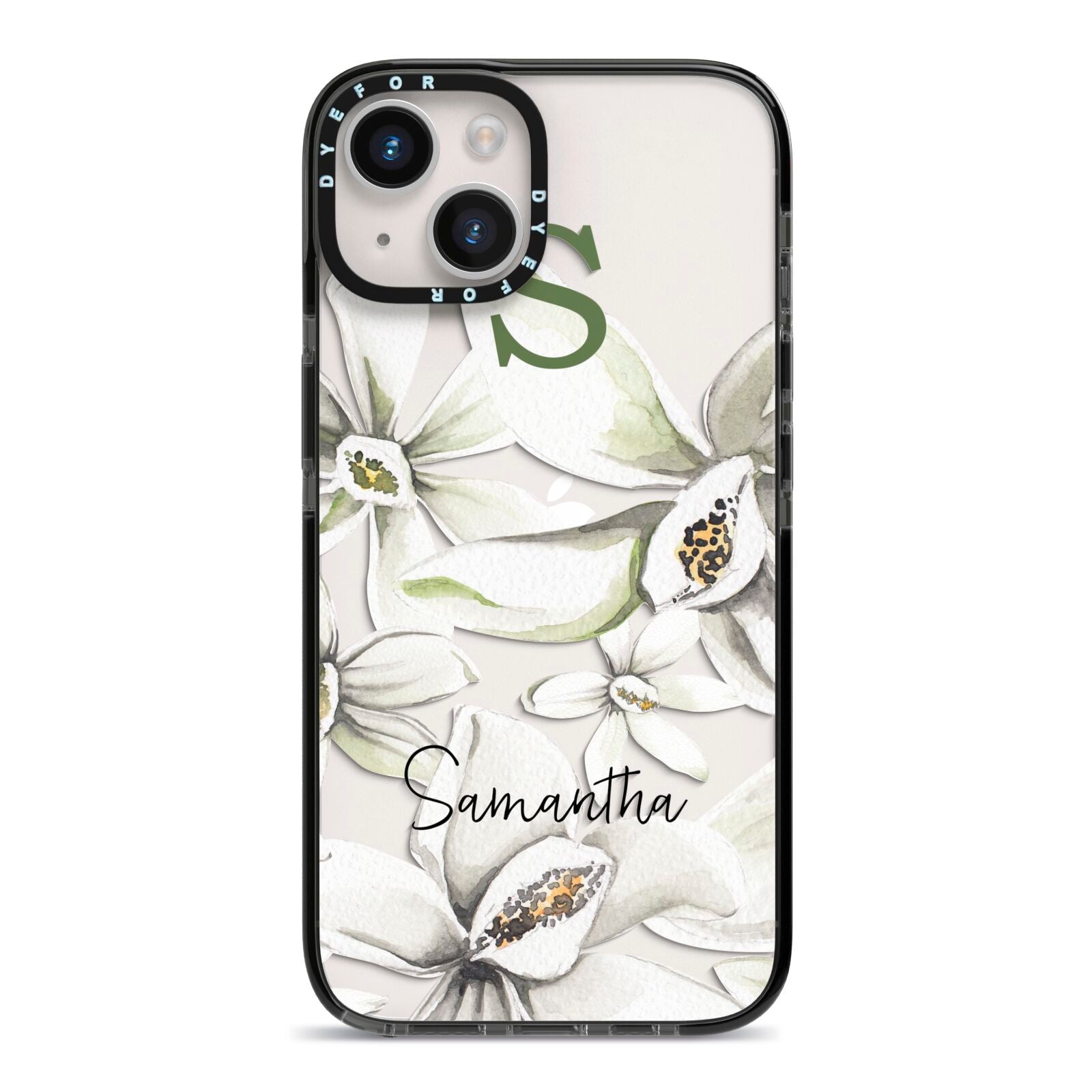 Personalised Orange Blossom iPhone 14 Black Impact Case on Silver phone