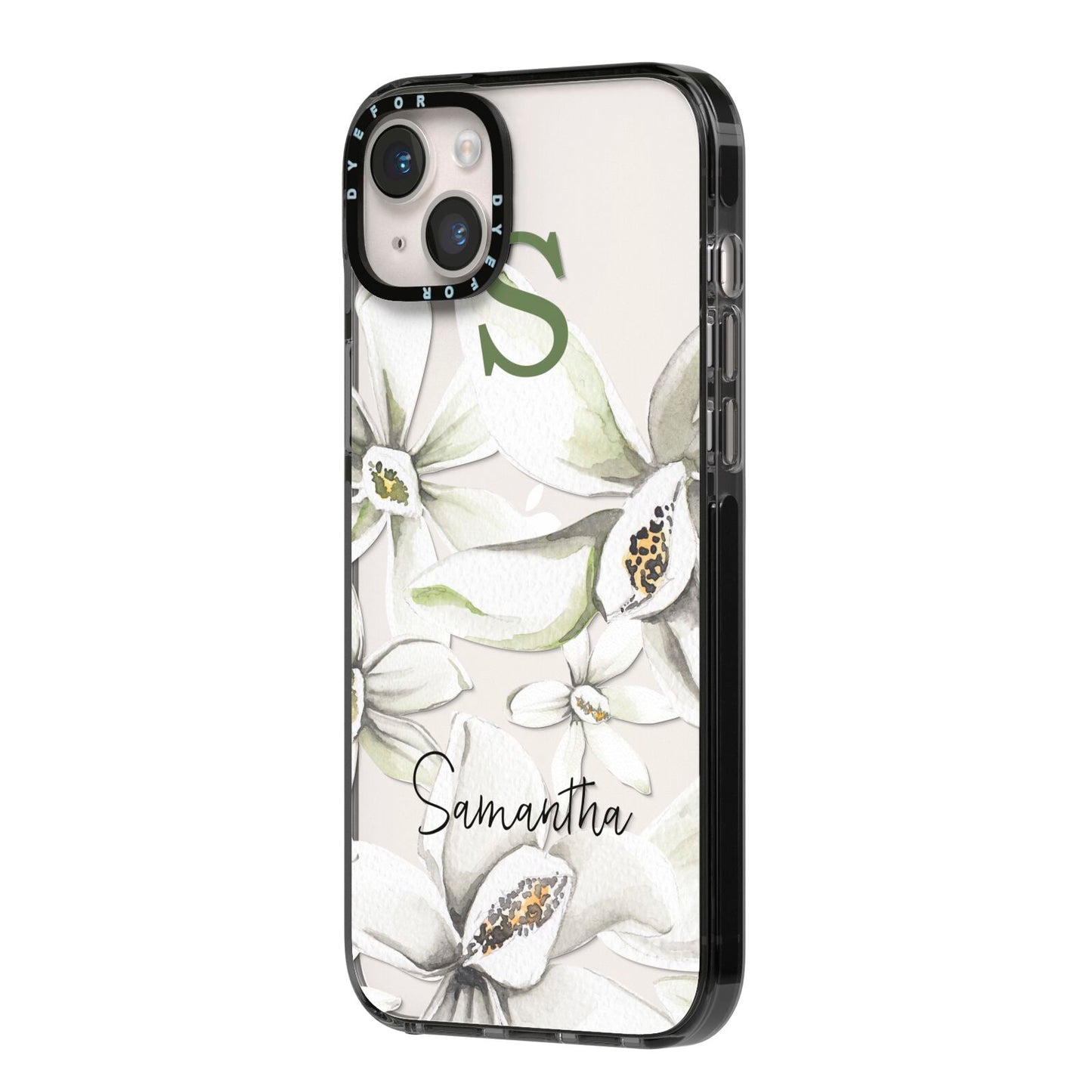 Personalised Orange Blossom iPhone 14 Plus Black Impact Case Side Angle on Silver phone