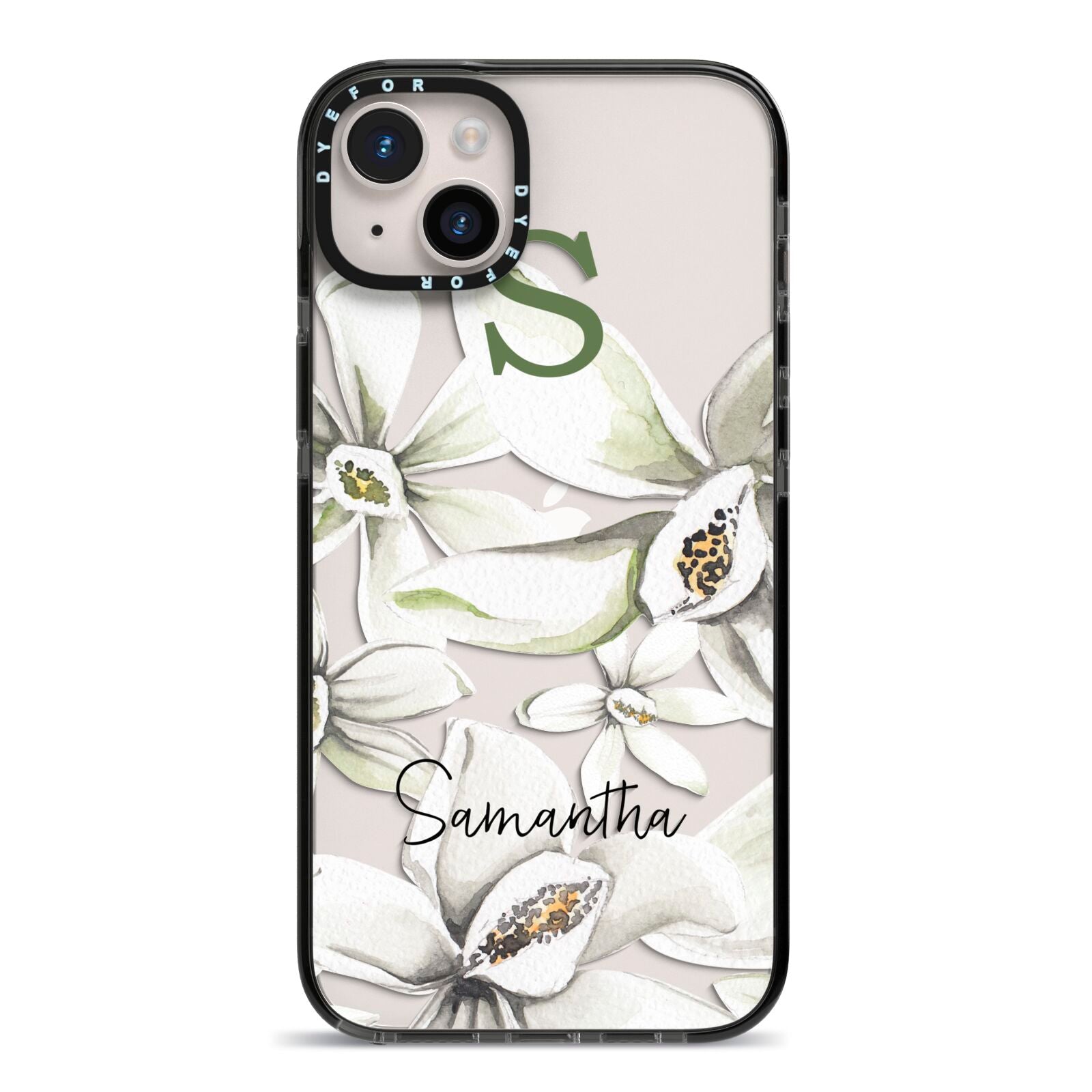 Personalised Orange Blossom iPhone 14 Plus Black Impact Case on Silver phone