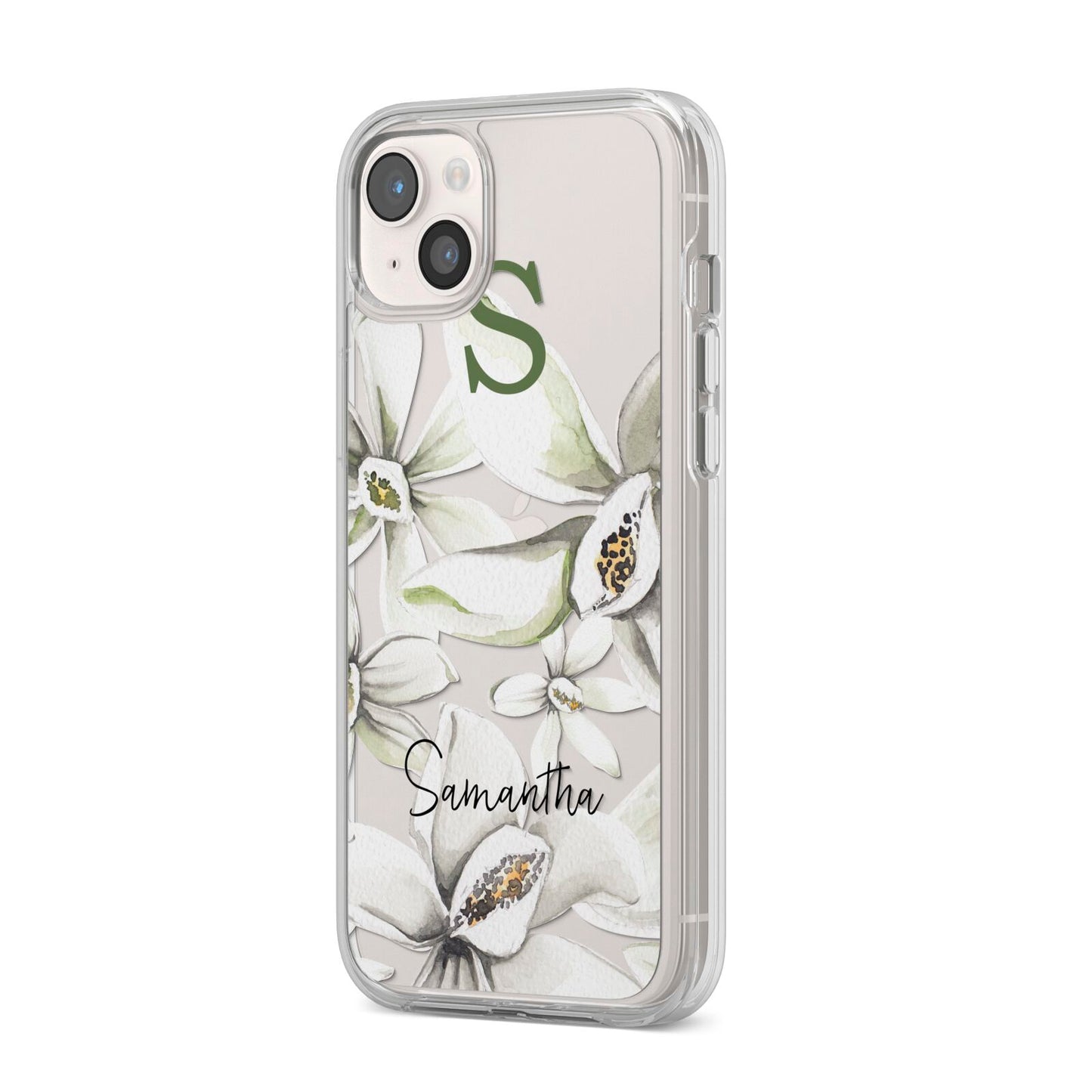 Personalised Orange Blossom iPhone 14 Plus Clear Tough Case Starlight Angled Image