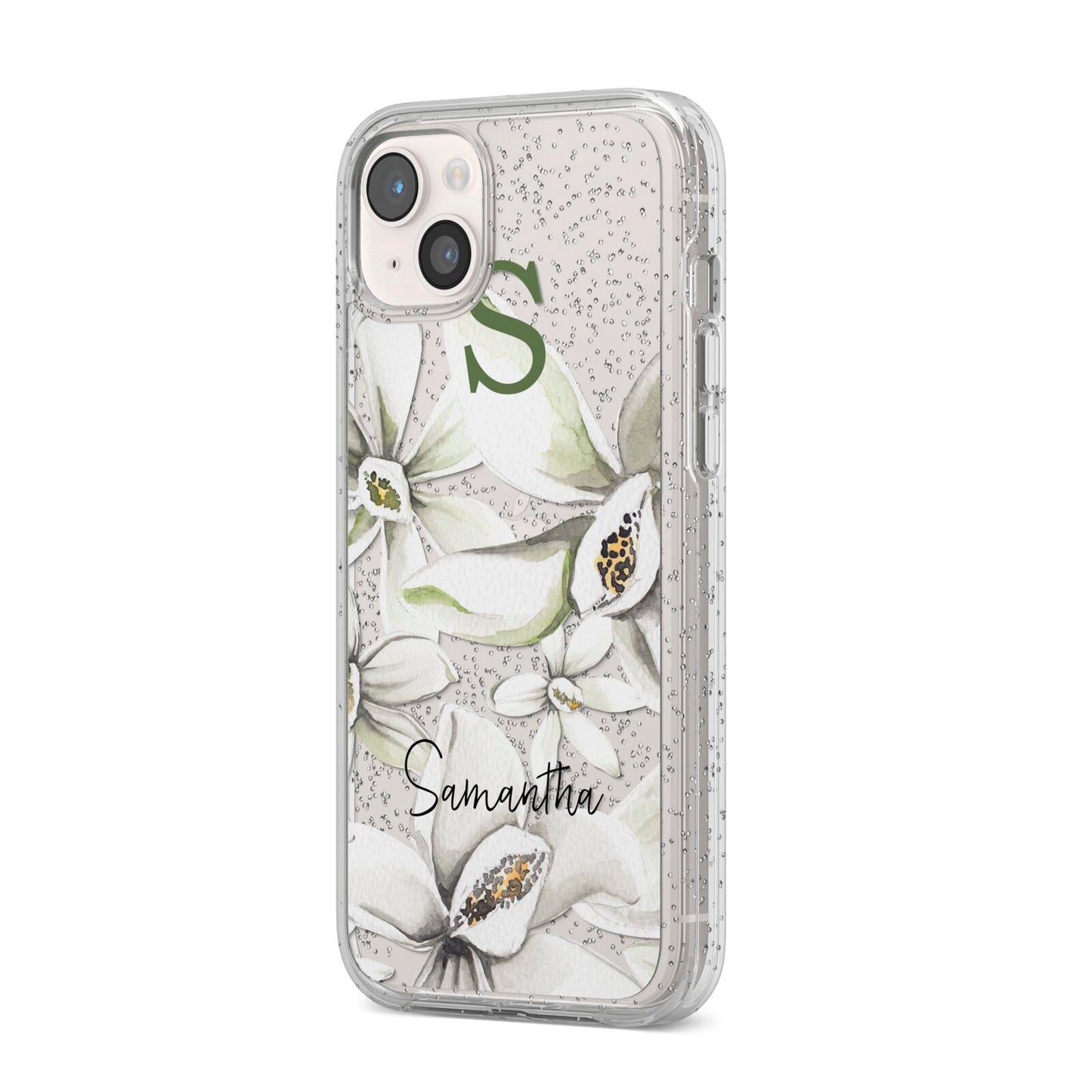 Personalised Orange Blossom iPhone 14 Plus Glitter Tough Case Starlight Angled Image