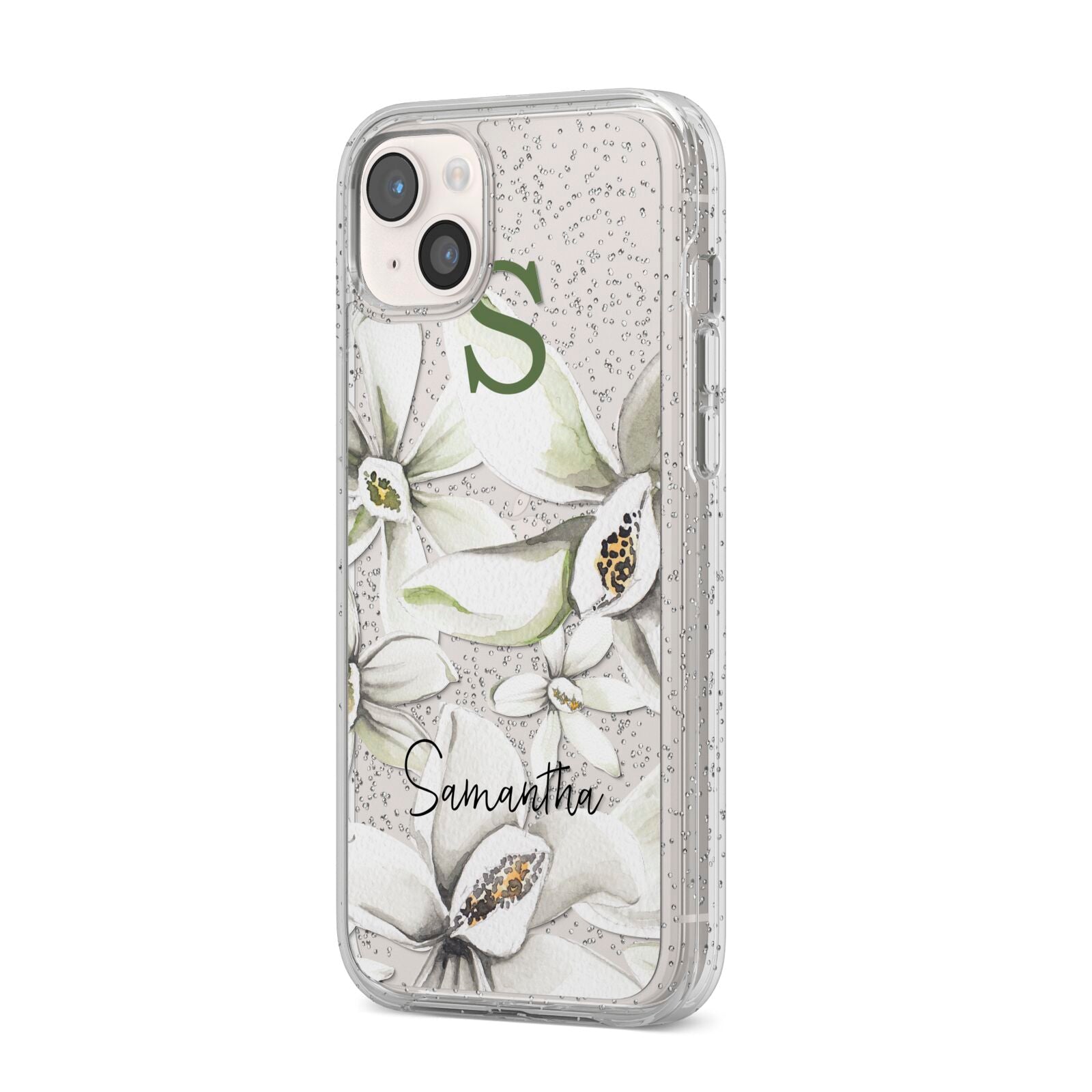 Personalised Orange Blossom iPhone 14 Plus Glitter Tough Case Starlight Angled Image