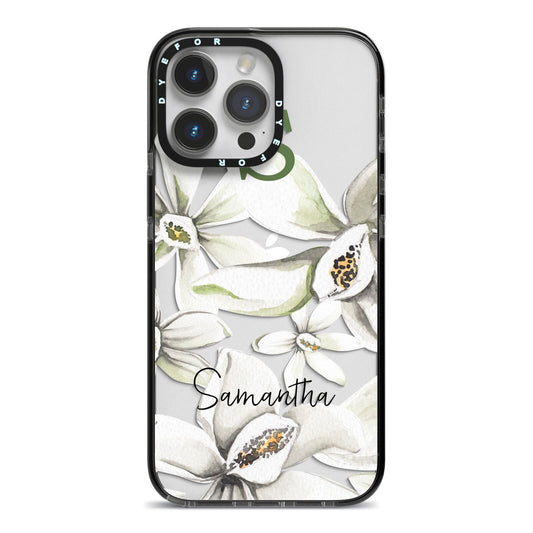 Personalised Orange Blossom iPhone 14 Pro Max Black Impact Case on Silver phone