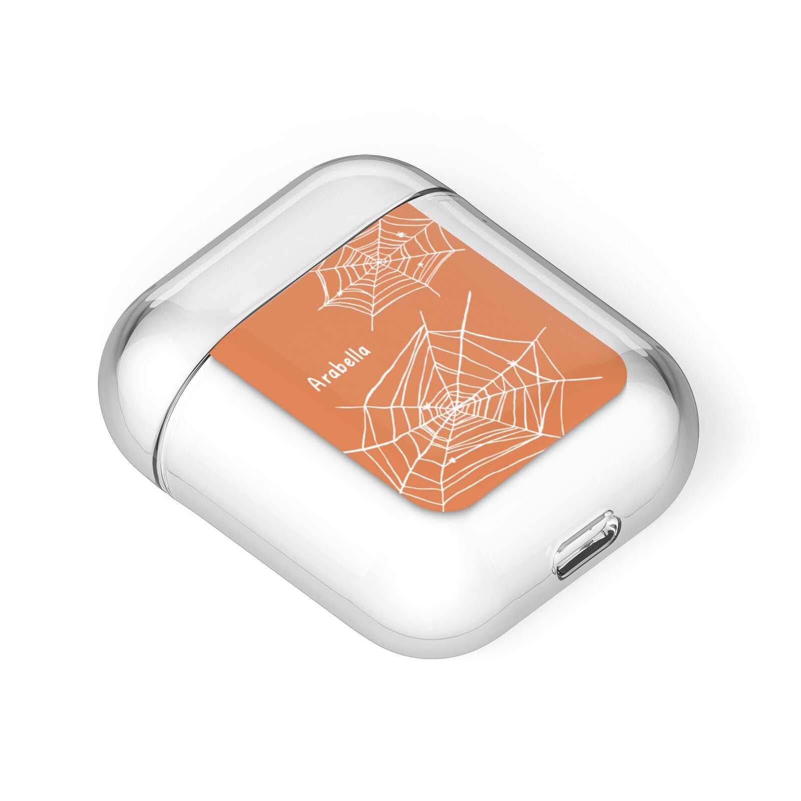 Personalised Orange Cobweb AirPods Case Laid Flat