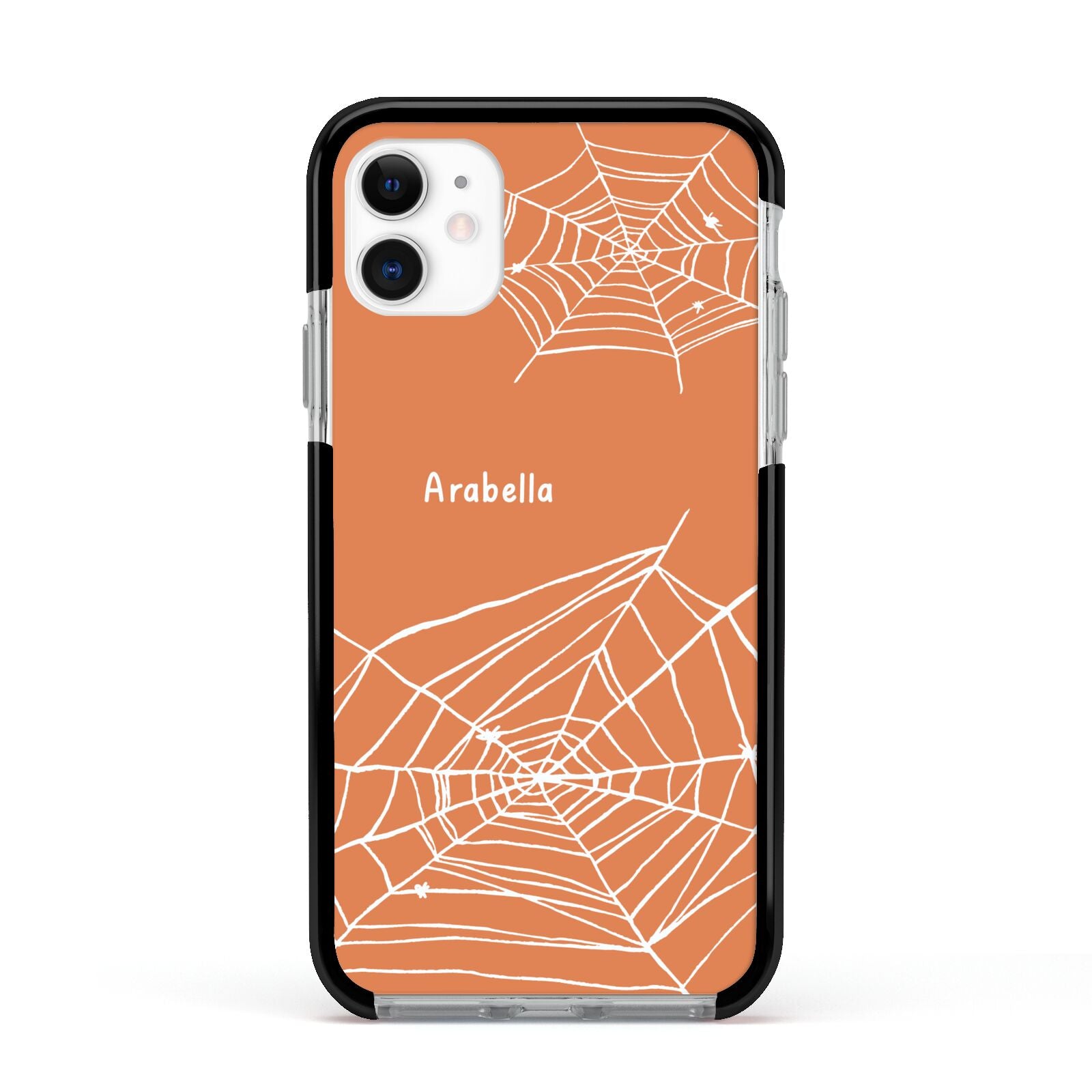 Personalised Orange Cobweb Apple iPhone 11 in White with Black Impact Case