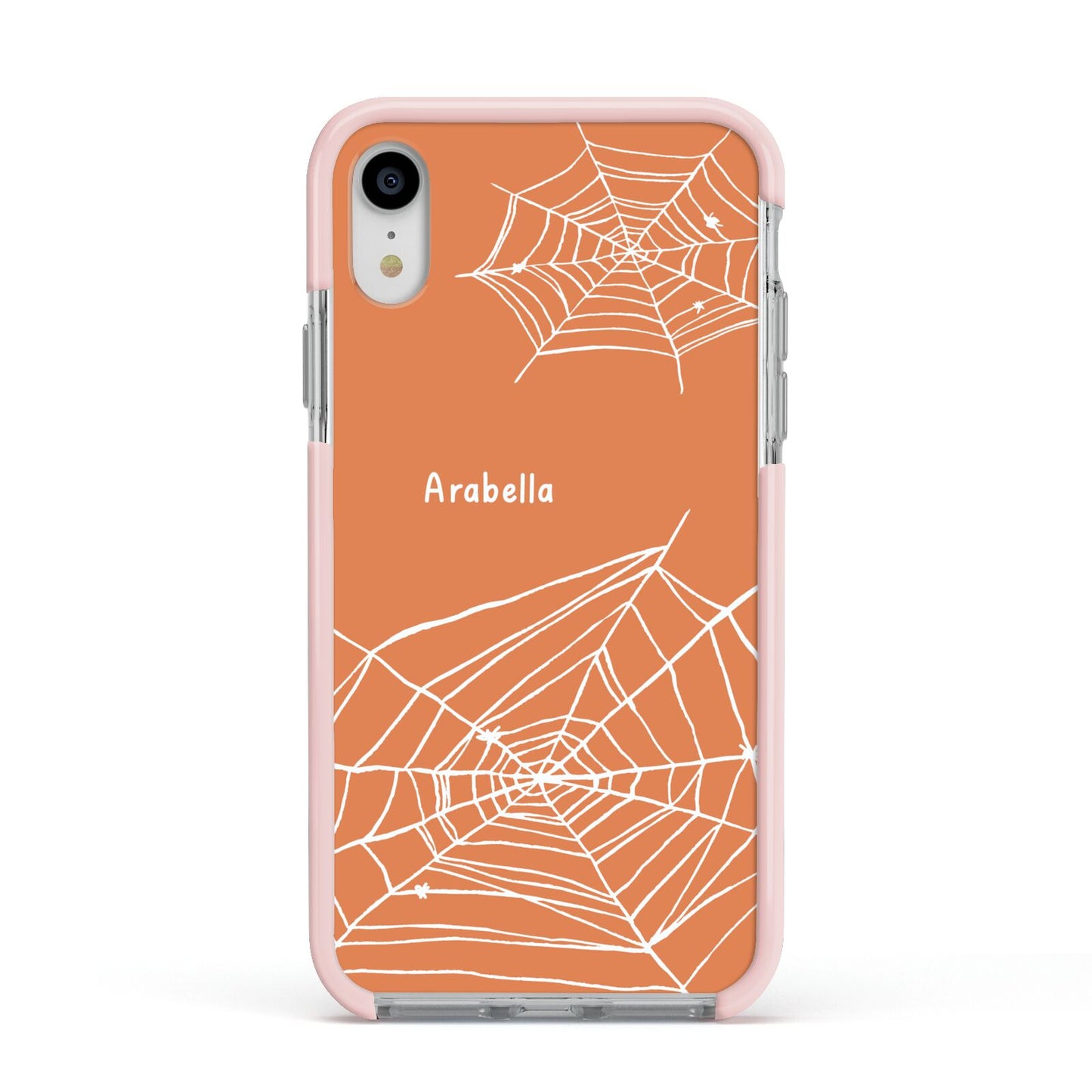Personalised Orange Cobweb Apple iPhone XR Impact Case Pink Edge on Silver Phone