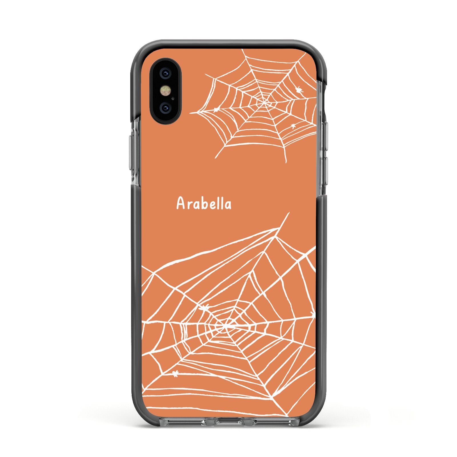 Personalised Orange Cobweb Apple iPhone Xs Impact Case Black Edge on Black Phone