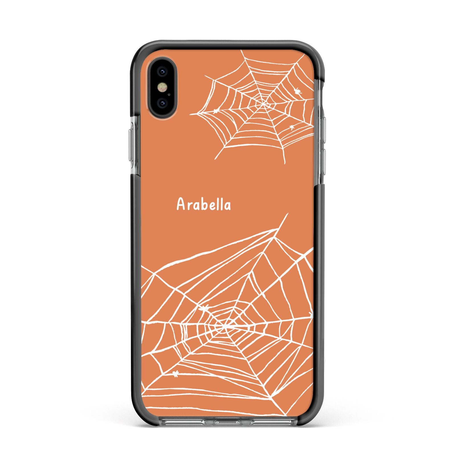 Personalised Orange Cobweb Apple iPhone Xs Max Impact Case Black Edge on Black Phone