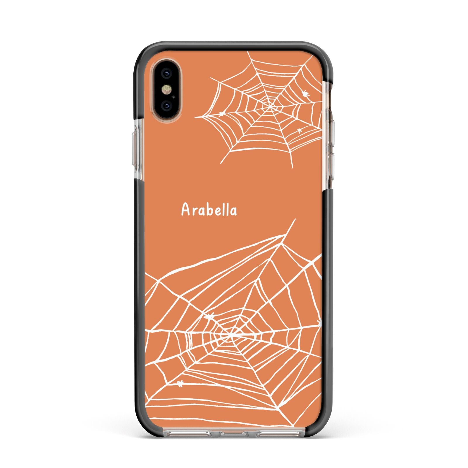 Personalised Orange Cobweb Apple iPhone Xs Max Impact Case Black Edge on Gold Phone
