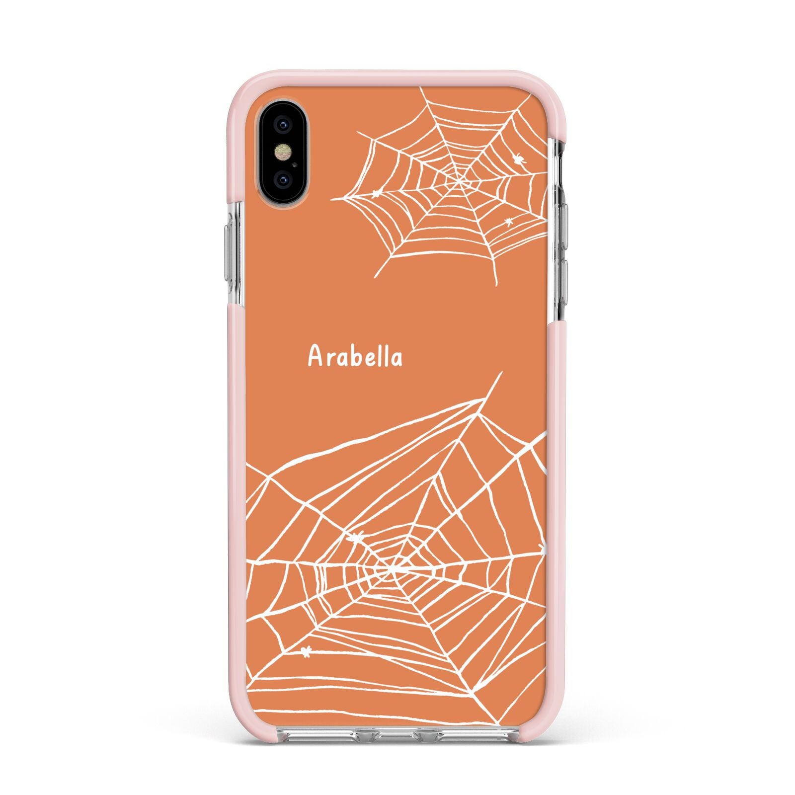 Personalised Orange Cobweb Apple iPhone Xs Max Impact Case Pink Edge on Silver Phone