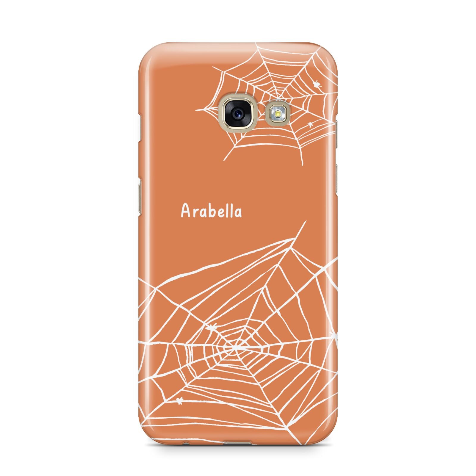 Personalised Orange Cobweb Samsung Galaxy A3 2017 Case on gold phone