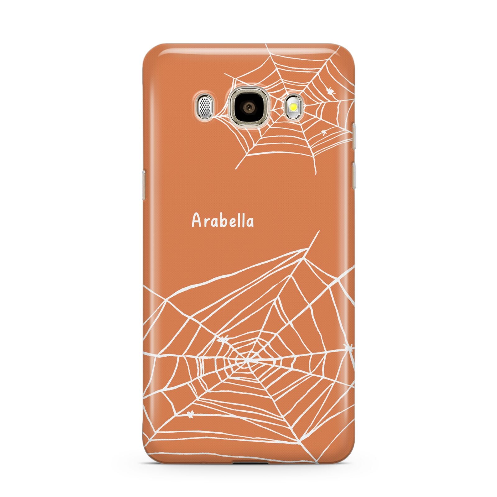 Personalised Orange Cobweb Samsung Galaxy J7 2016 Case on gold phone