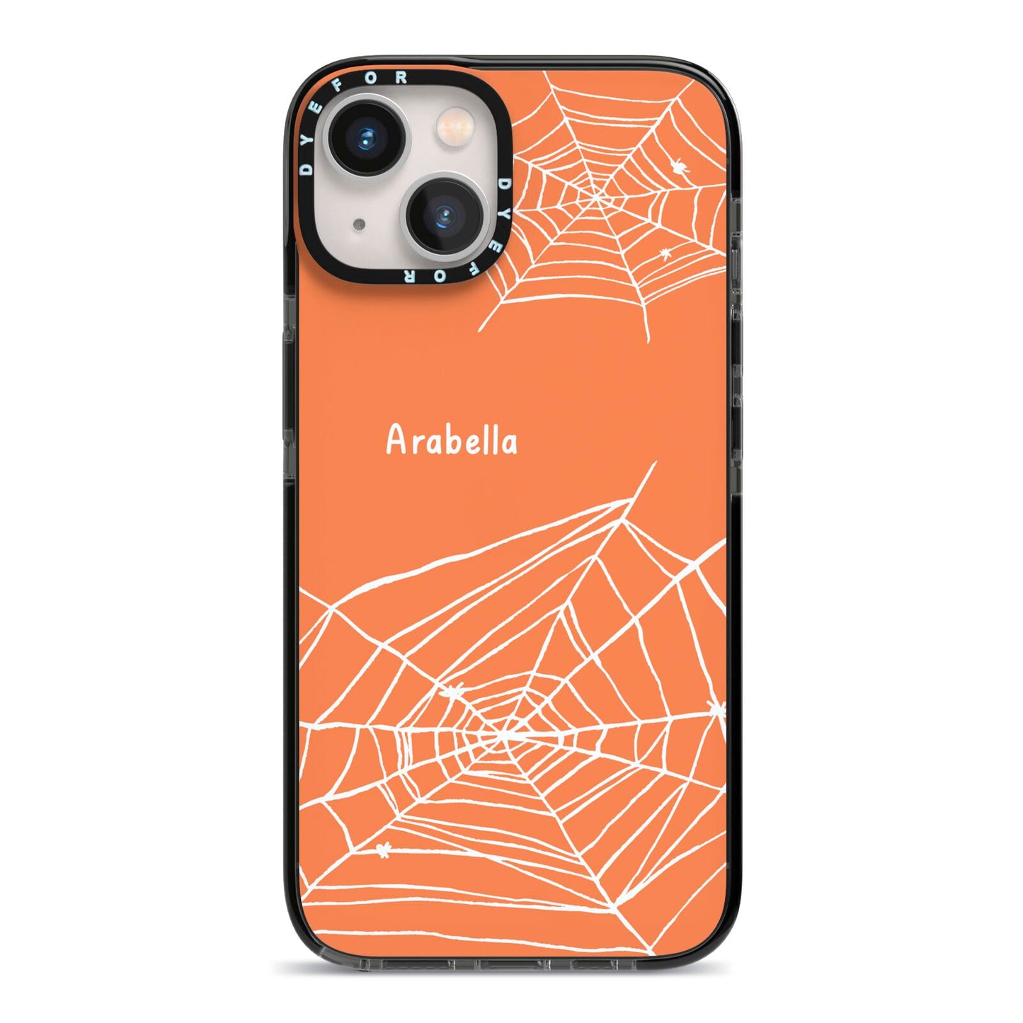 Personalised Orange Cobweb iPhone 13 Black Impact Case on Silver phone