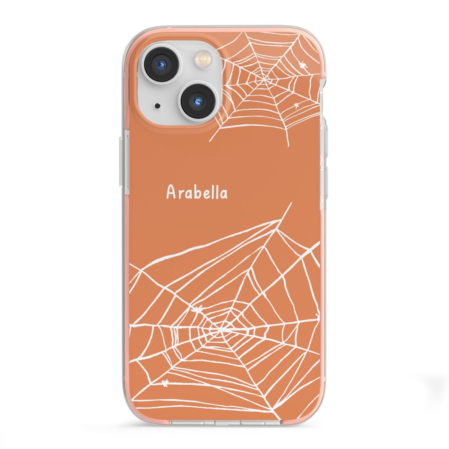 Personalised Orange Cobweb iPhone 13 Mini TPU Impact Case with Pink Edges
