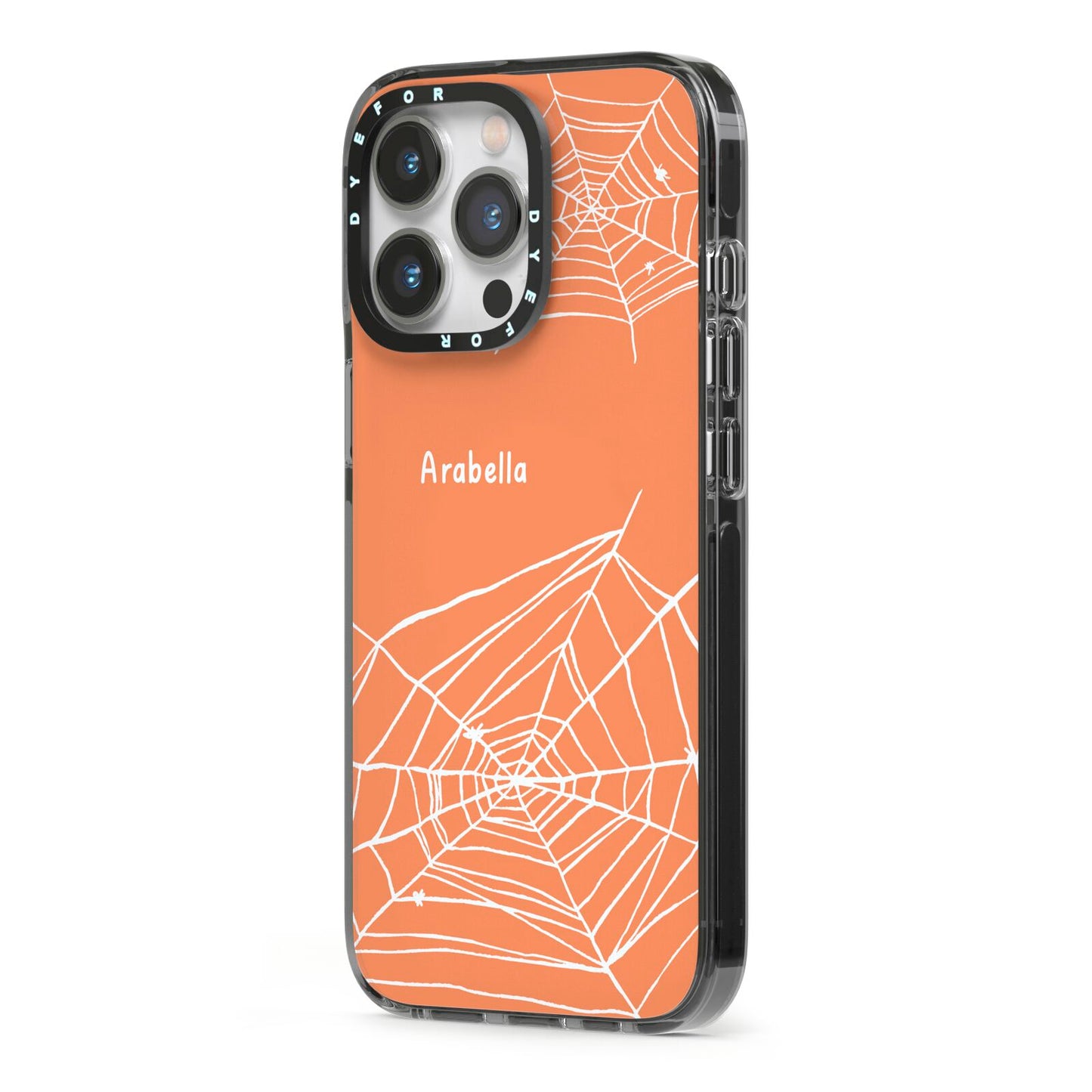 Personalised Orange Cobweb iPhone 13 Pro Black Impact Case Side Angle on Silver phone