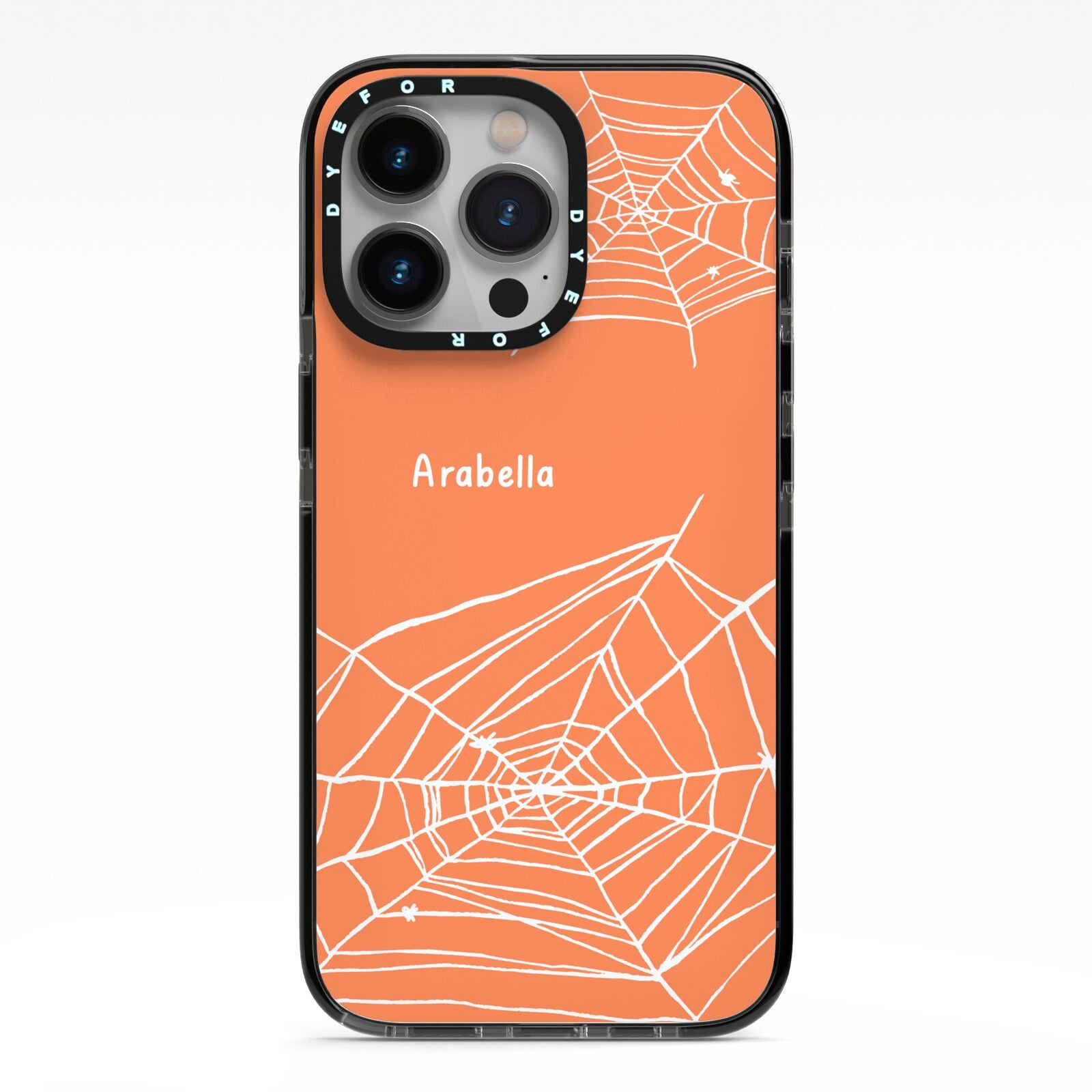 Personalised Orange Cobweb iPhone 13 Pro Black Impact Case on Silver phone