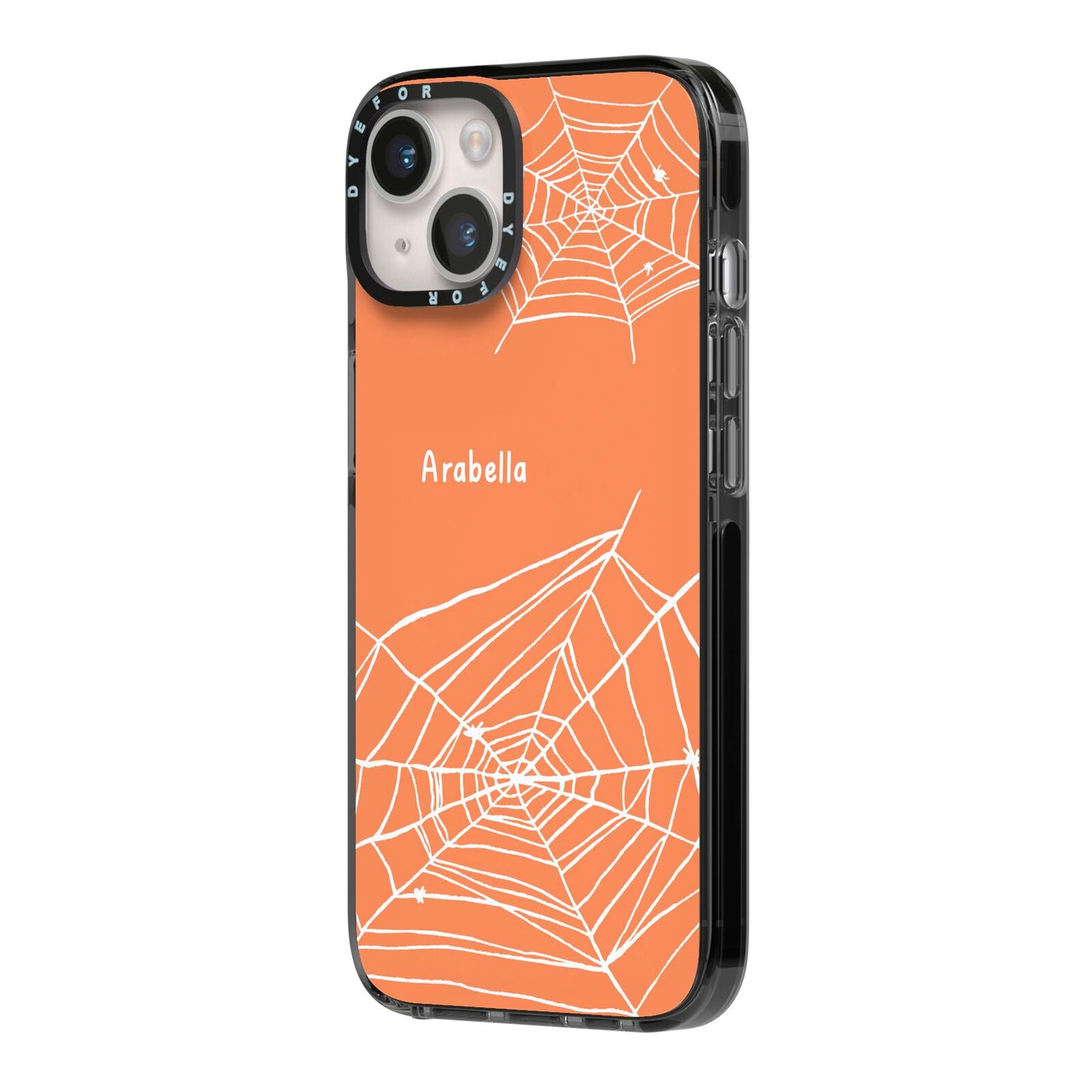 Personalised Orange Cobweb iPhone 14 Black Impact Case Side Angle on Silver phone
