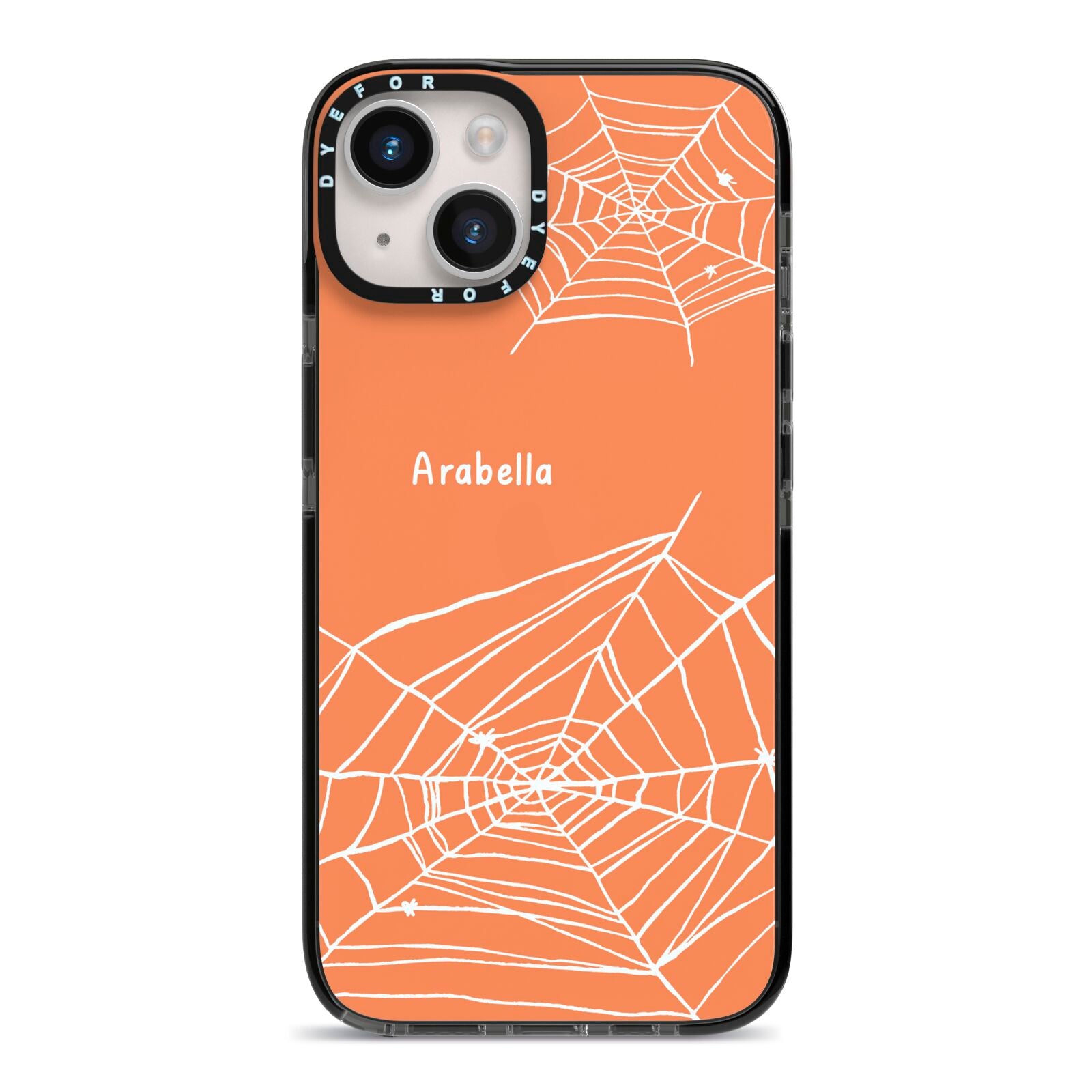 Personalised Orange Cobweb iPhone 14 Black Impact Case on Silver phone