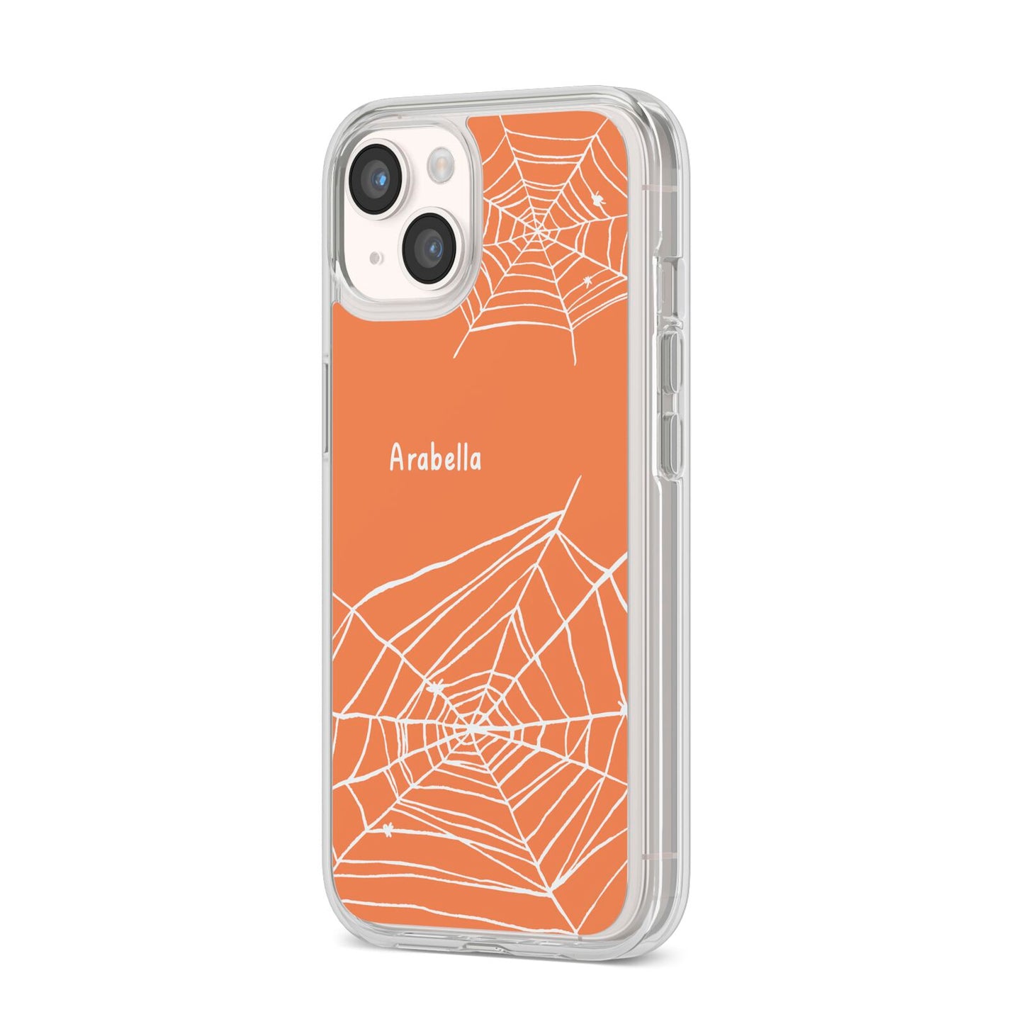 Personalised Orange Cobweb iPhone 14 Clear Tough Case Starlight Angled Image