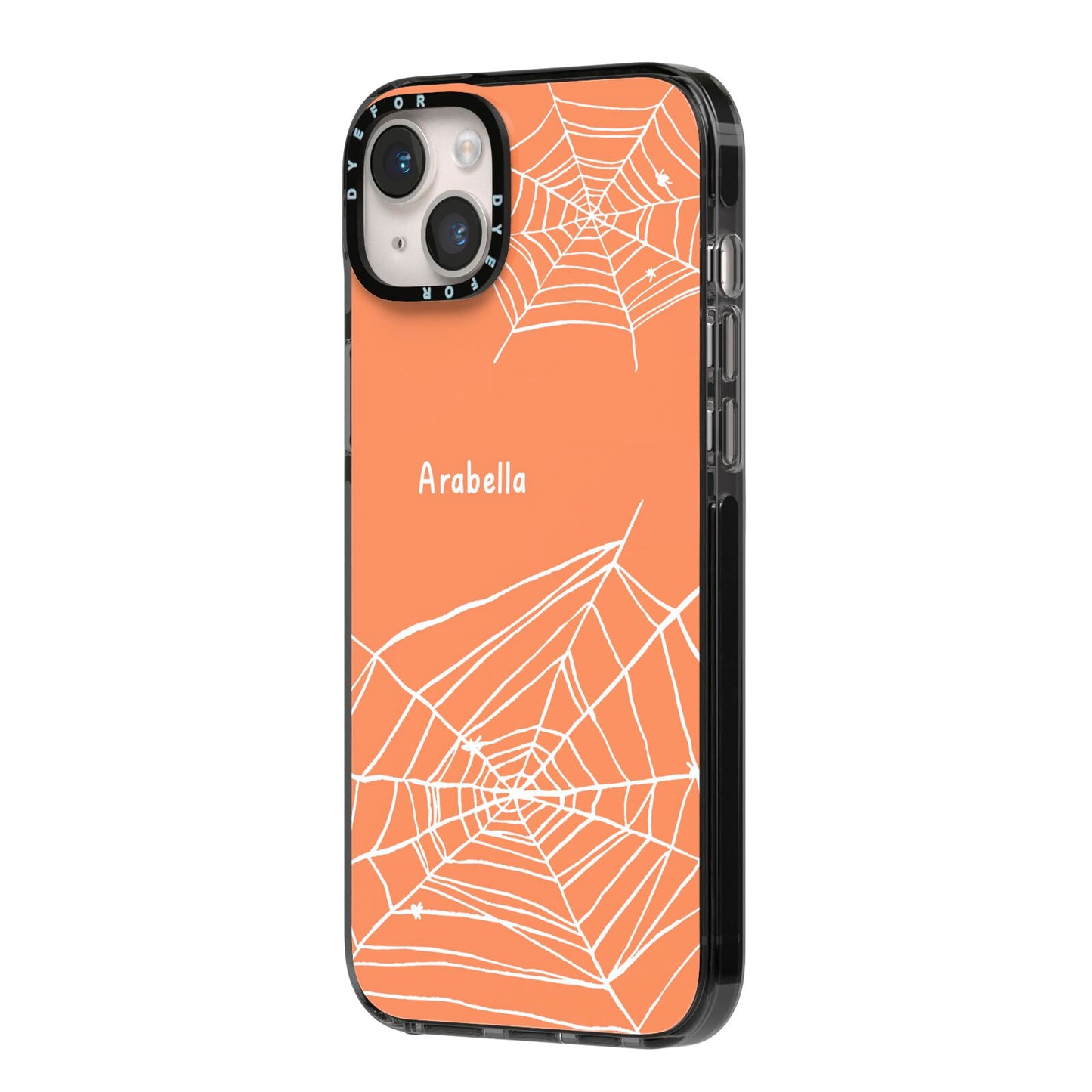 Personalised Orange Cobweb iPhone 14 Plus Black Impact Case Side Angle on Silver phone