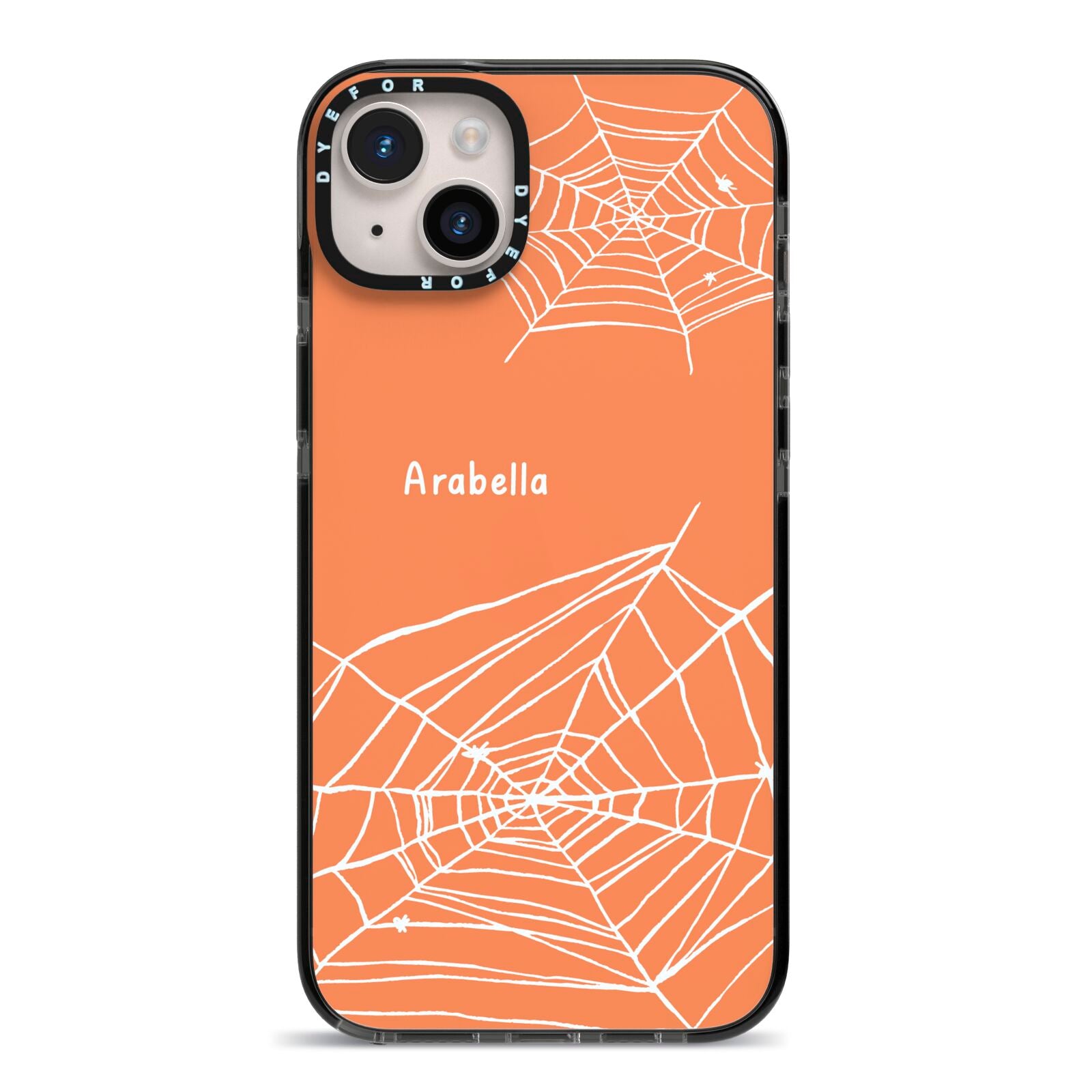 Personalised Orange Cobweb iPhone 14 Plus Black Impact Case on Silver phone