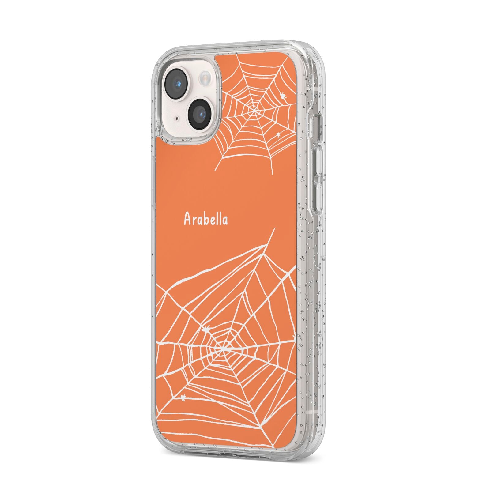 Personalised Orange Cobweb iPhone 14 Plus Glitter Tough Case Starlight Angled Image