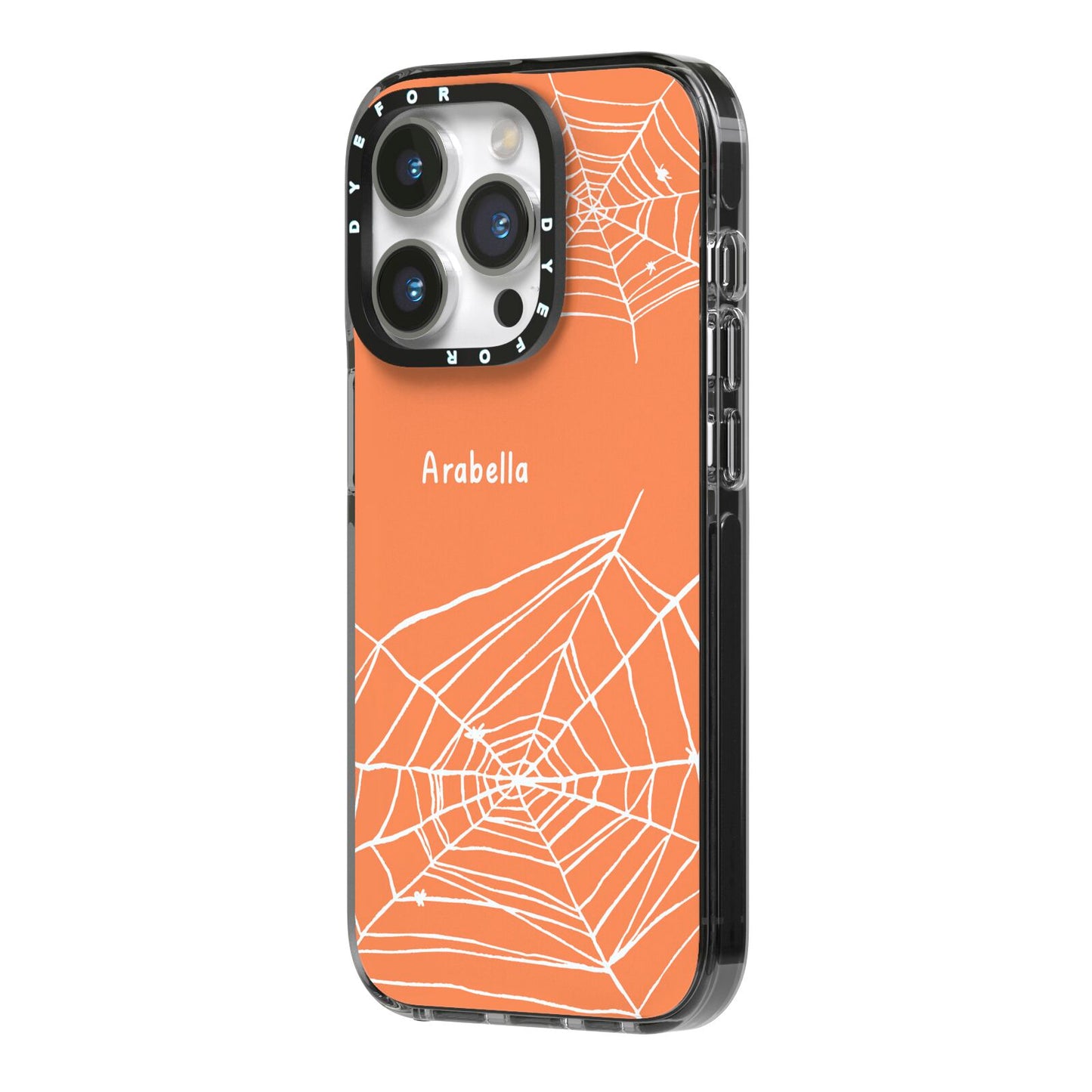Personalised Orange Cobweb iPhone 14 Pro Black Impact Case Side Angle on Silver phone