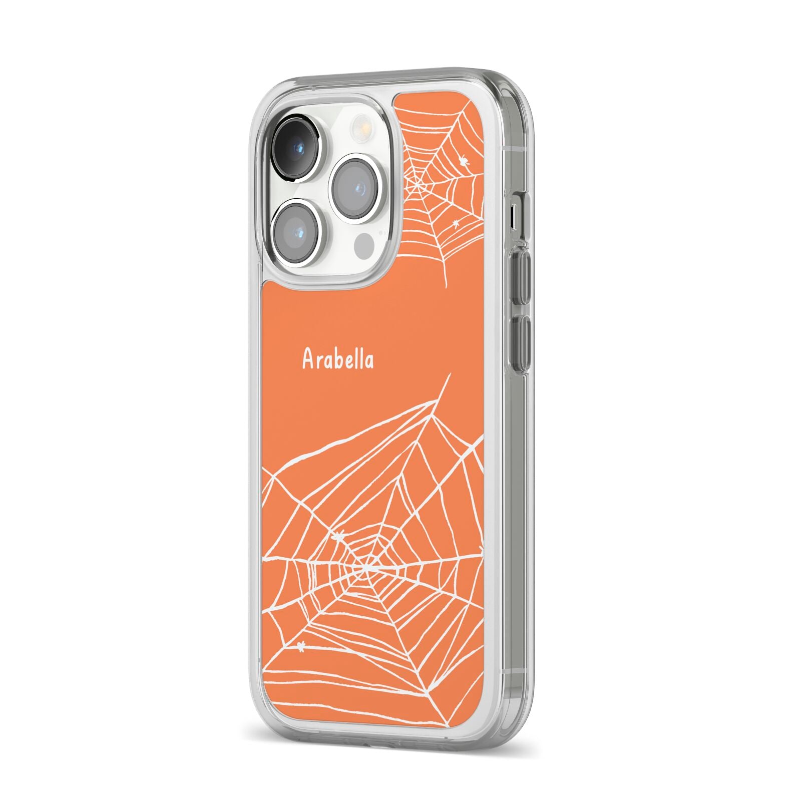 Personalised Orange Cobweb iPhone 14 Pro Clear Tough Case Silver Angled Image