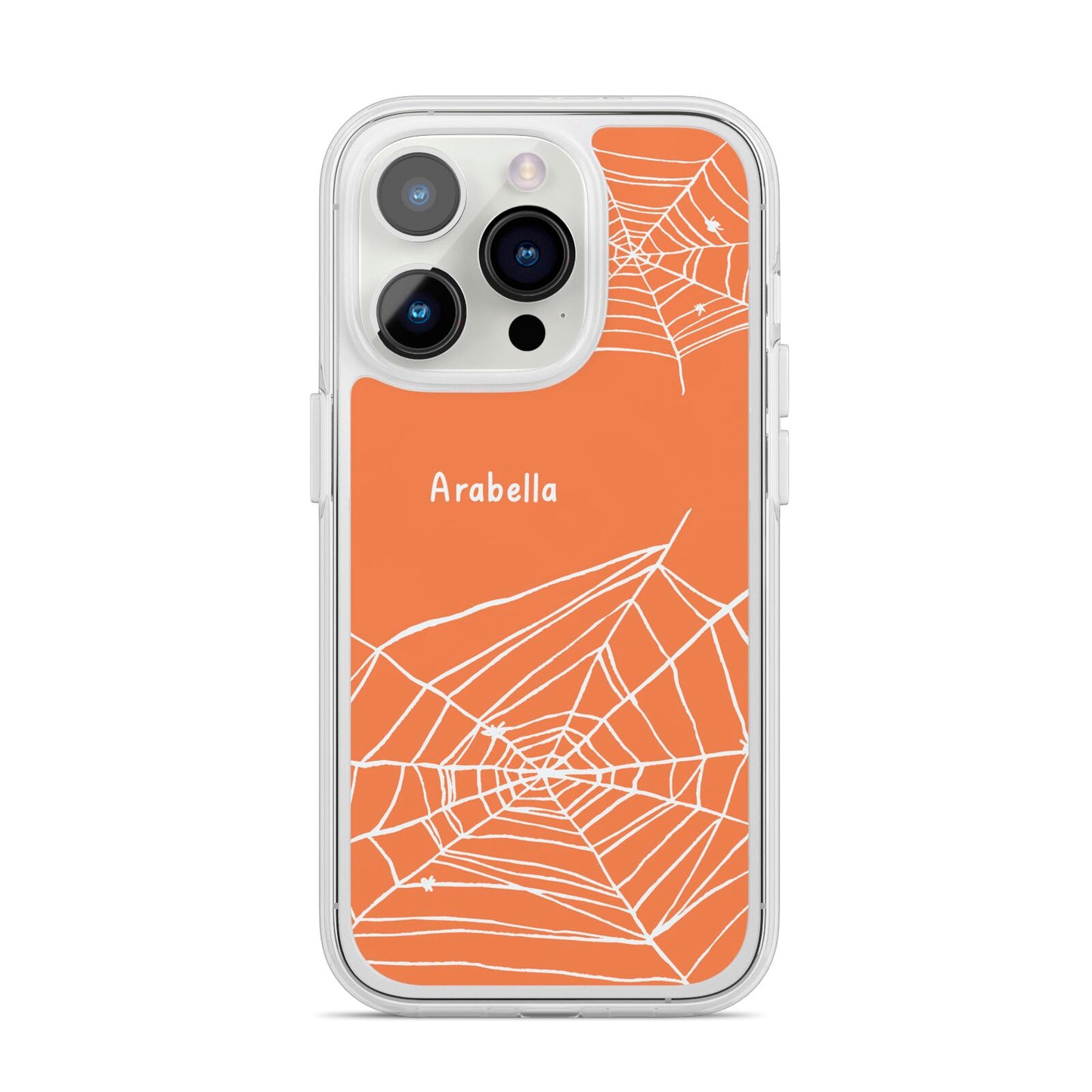 Personalised Orange Cobweb iPhone 14 Pro Clear Tough Case Silver