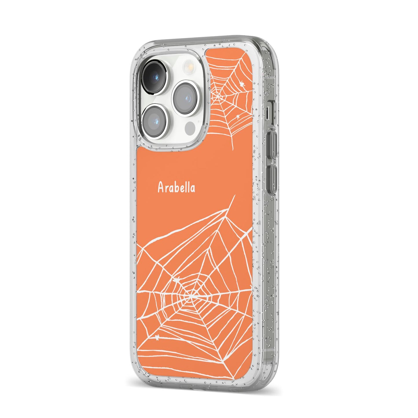 Personalised Orange Cobweb iPhone 14 Pro Glitter Tough Case Silver Angled Image