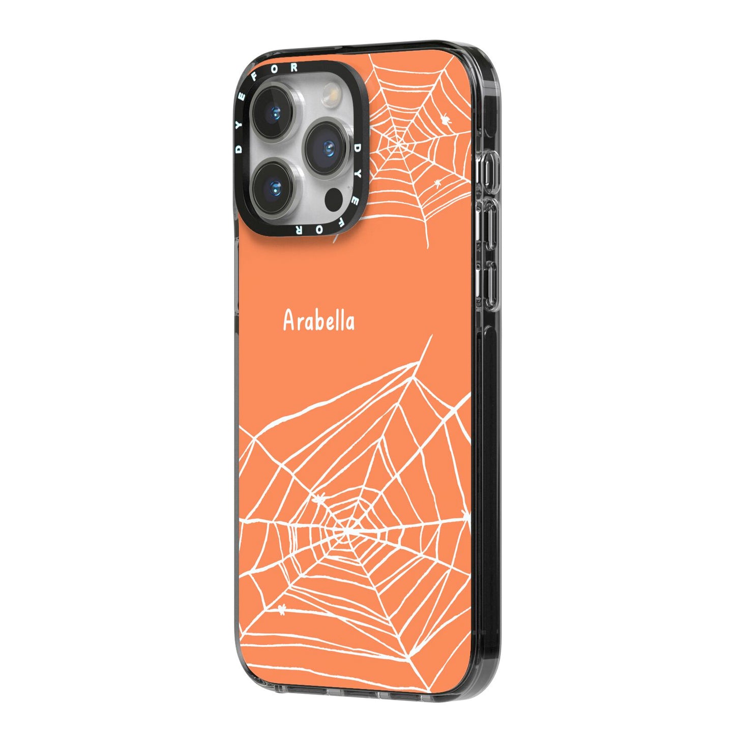 Personalised Orange Cobweb iPhone 14 Pro Max Black Impact Case Side Angle on Silver phone
