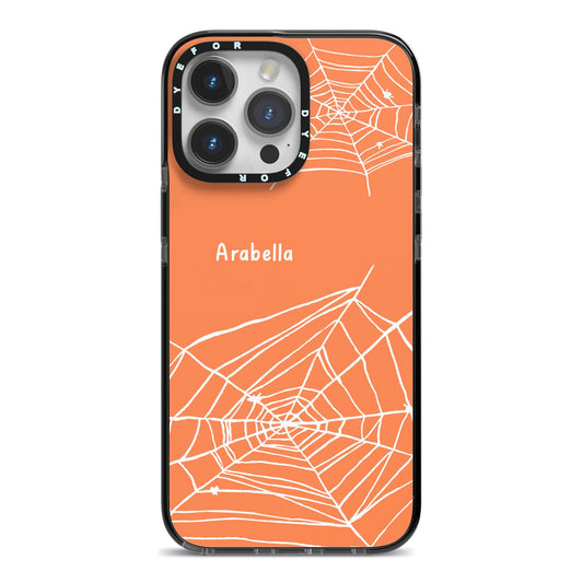 Personalised Orange Cobweb iPhone 14 Pro Max Black Impact Case on Silver phone