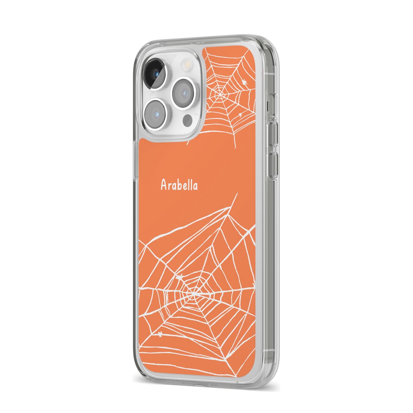 Personalised Orange Cobweb iPhone 14 Pro Max Clear Tough Case Silver Angled Image