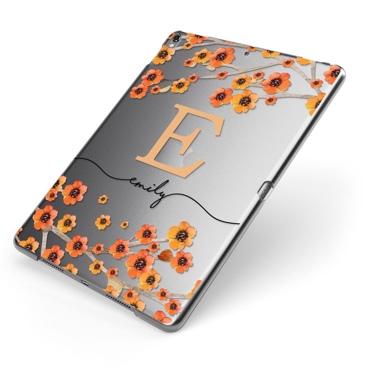 Personalised Orange Flowers Apple iPad Case on Grey iPad Side View