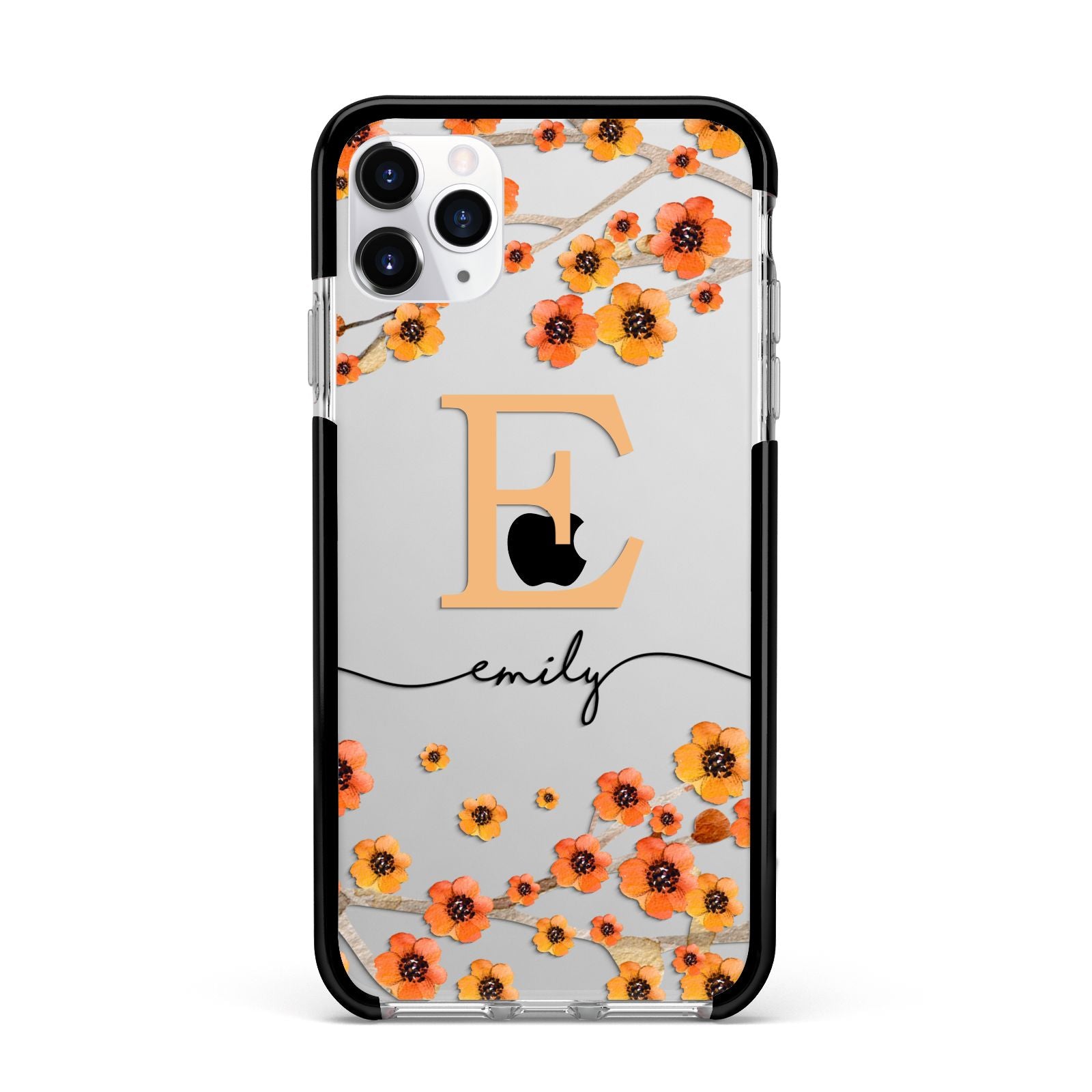 Personalised Orange Flowers Apple iPhone 11 Pro Max in Silver with Black Impact Case