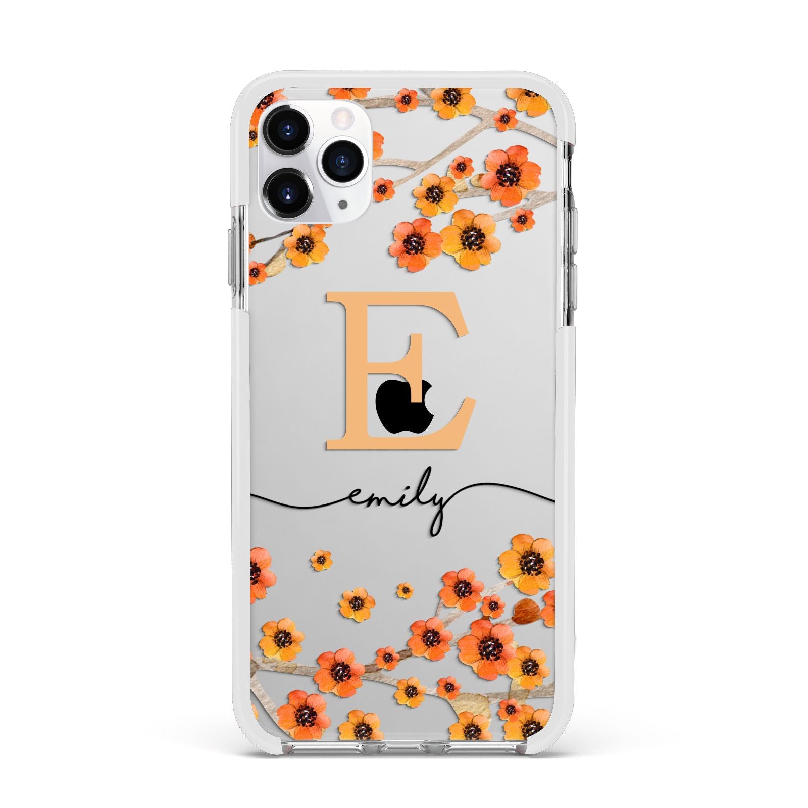 Personalised Orange Flowers Apple iPhone 11 Pro Max in Silver with White Impact Case