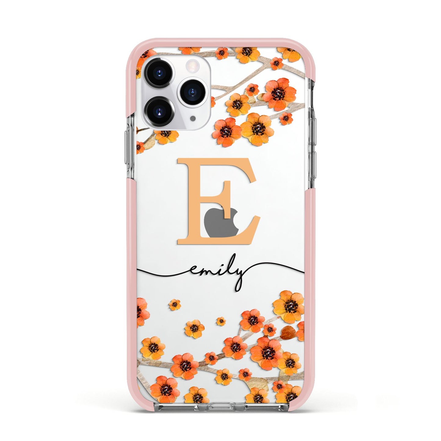 Personalised Orange Flowers Apple iPhone 11 Pro in Silver with Pink Impact Case