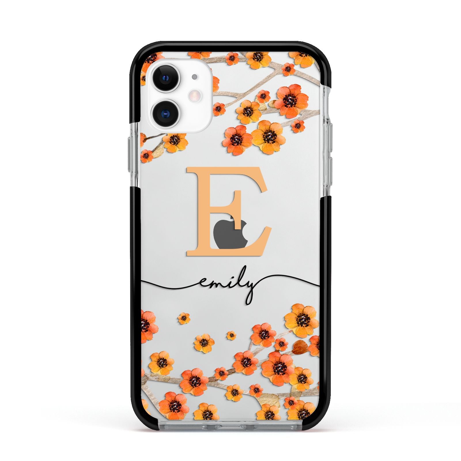 Personalised Orange Flowers Apple iPhone 11 in White with Black Impact Case