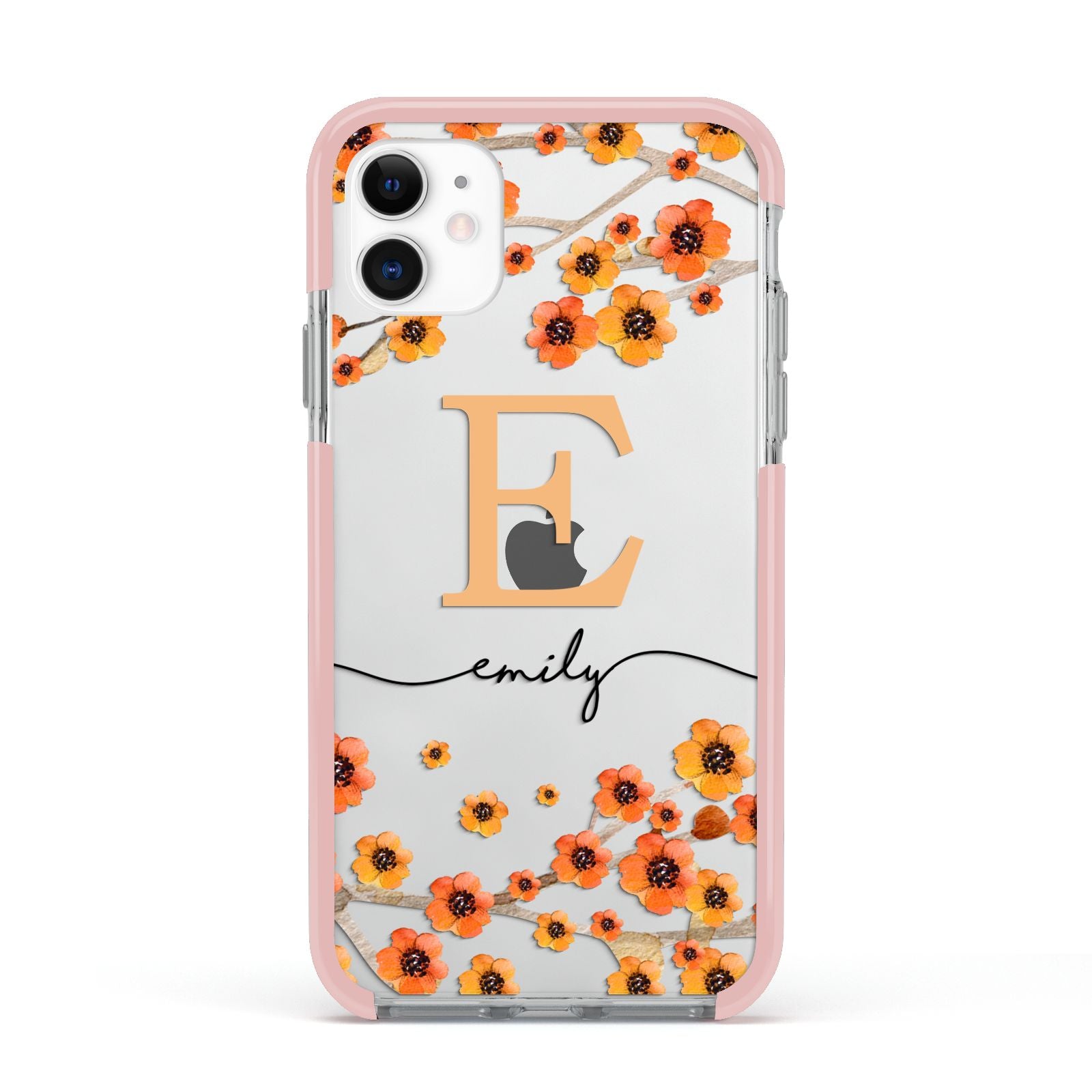 Personalised Orange Flowers Apple iPhone 11 in White with Pink Impact Case