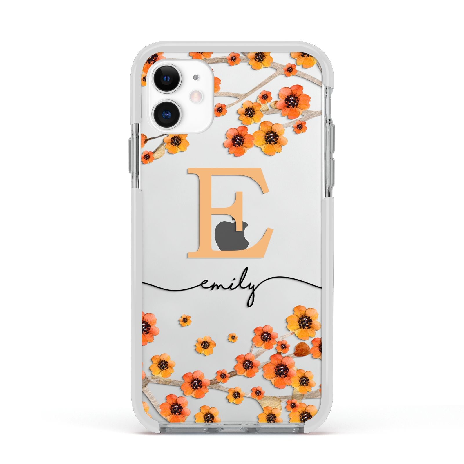 Personalised Orange Flowers Apple iPhone 11 in White with White Impact Case