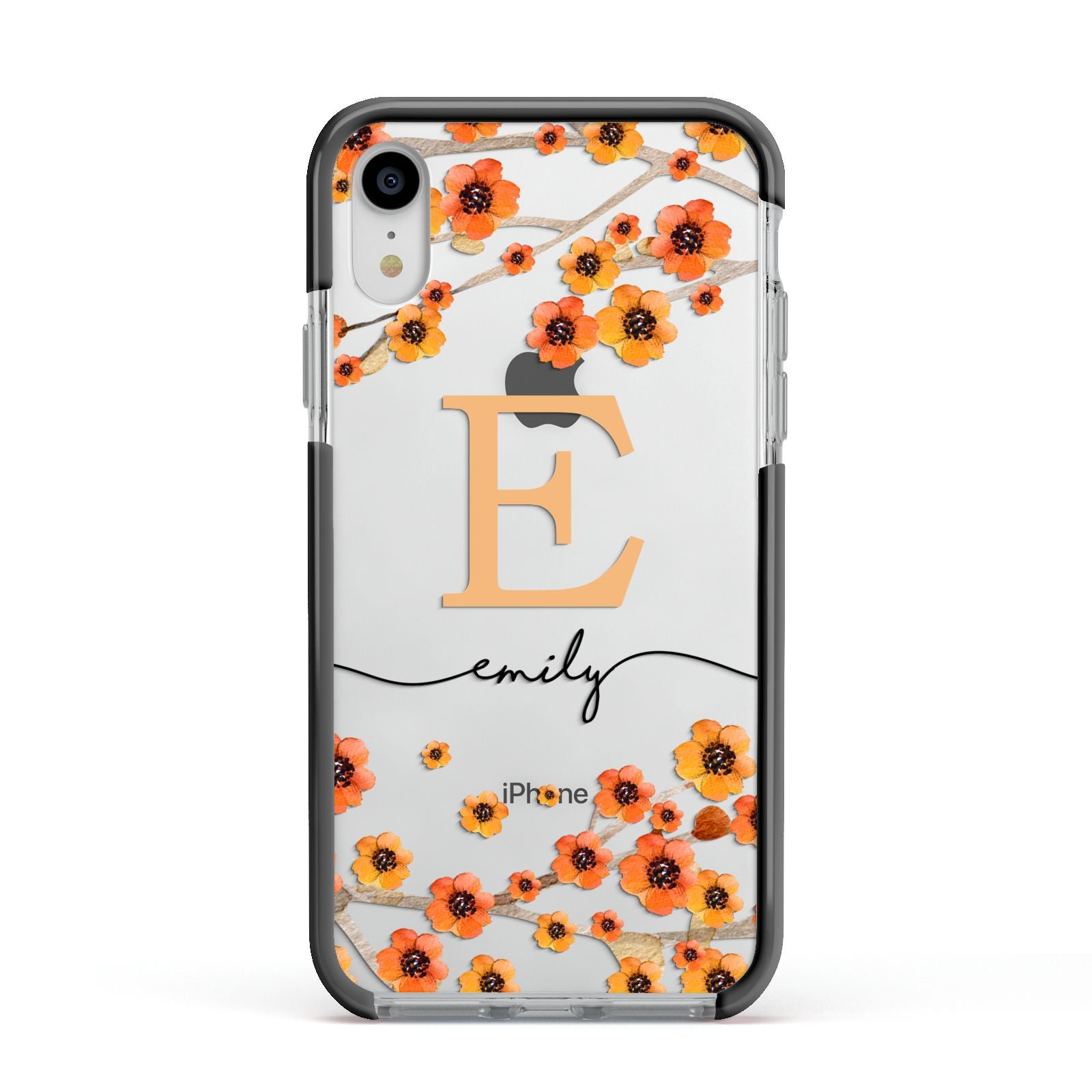 Personalised Orange Flowers Apple iPhone XR Impact Case Black Edge on Silver Phone