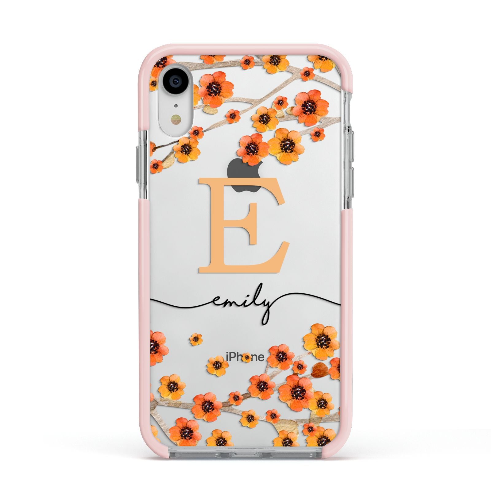 Personalised Orange Flowers Apple iPhone XR Impact Case Pink Edge on Silver Phone