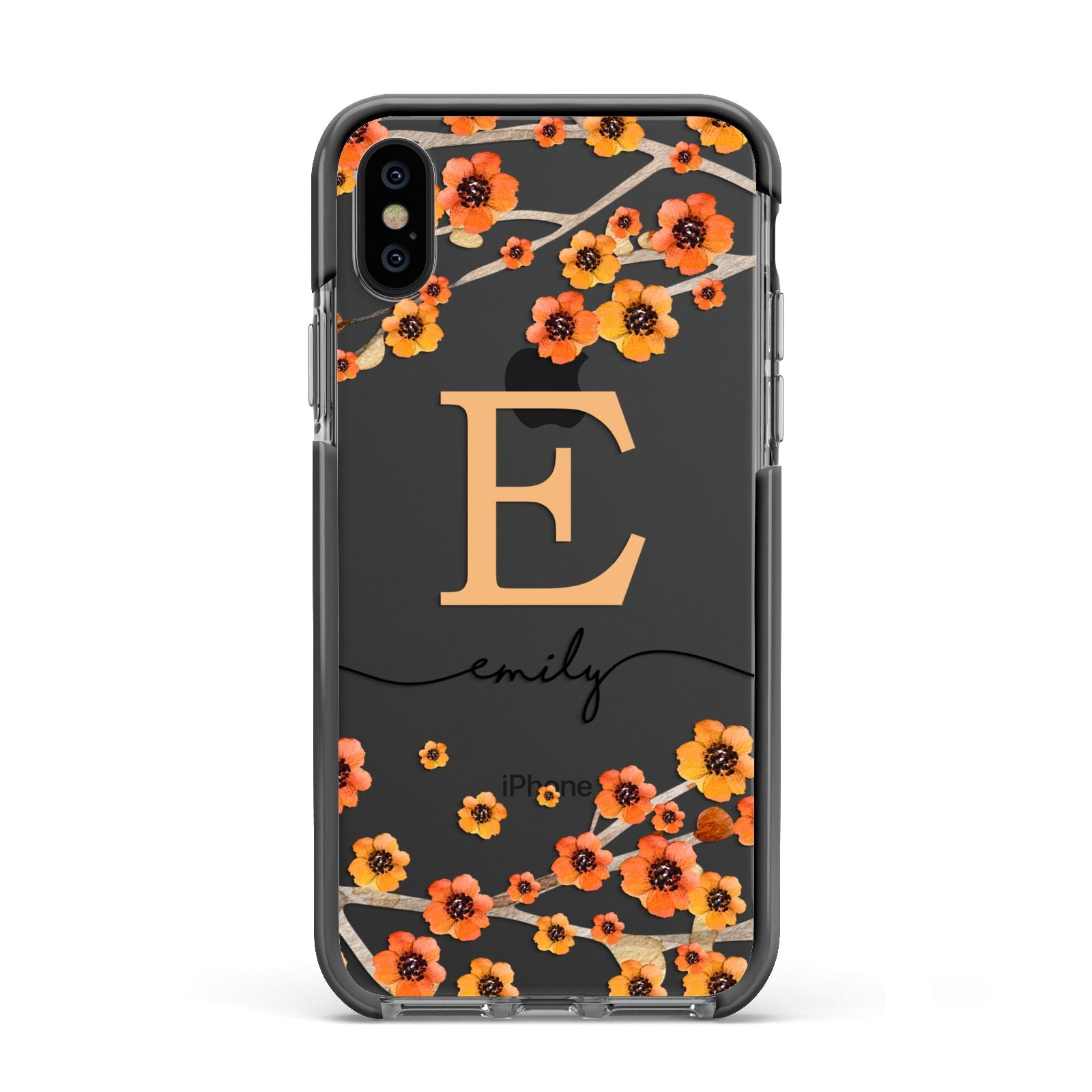 Personalised Orange Flowers Apple iPhone Xs Impact Case Black Edge on Black Phone