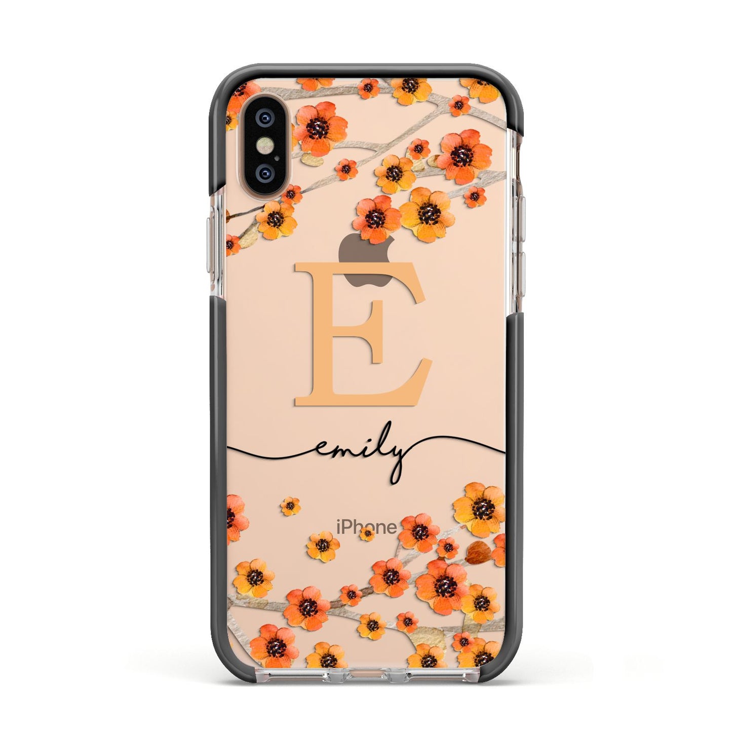 Personalised Orange Flowers Apple iPhone Xs Impact Case Black Edge on Gold Phone