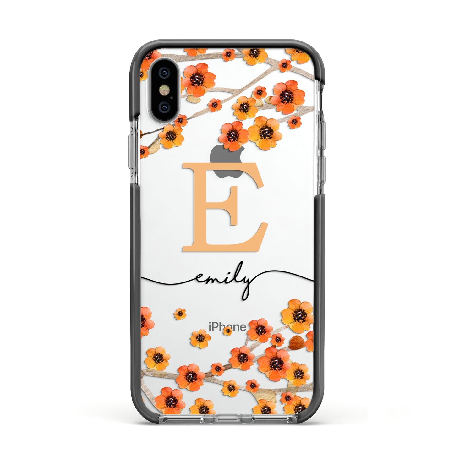 Personalised Orange Flowers Apple iPhone Xs Impact Case Black Edge on Silver Phone