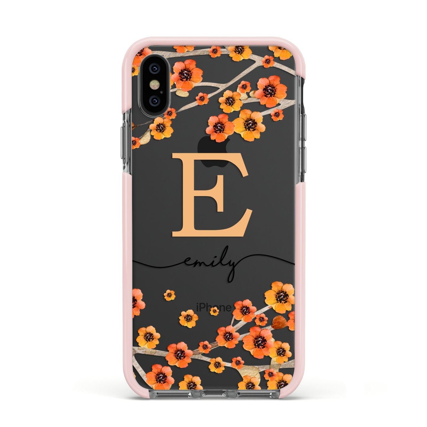 Personalised Orange Flowers Apple iPhone Xs Impact Case Pink Edge on Black Phone
